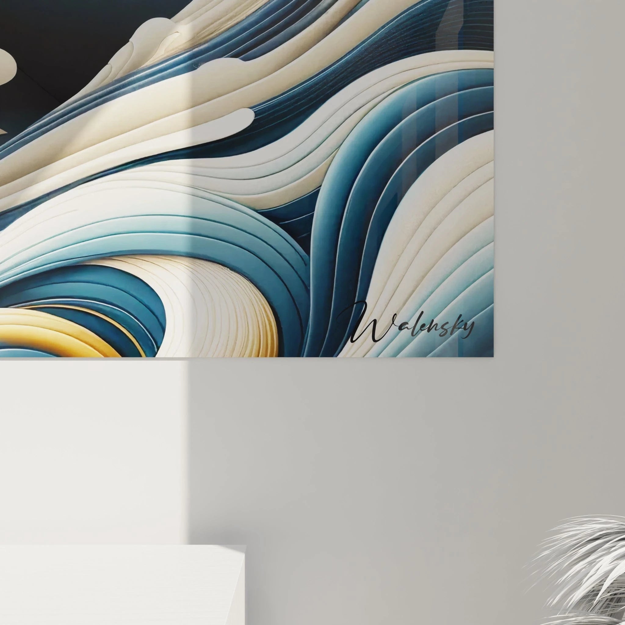 Vue de près : détails du tableau orque, textures lisses et ondulantes, profondeur et mouvement évoquant les vagues, couleurs marines et contraste sculptural, énergie naturelle et apaisante.