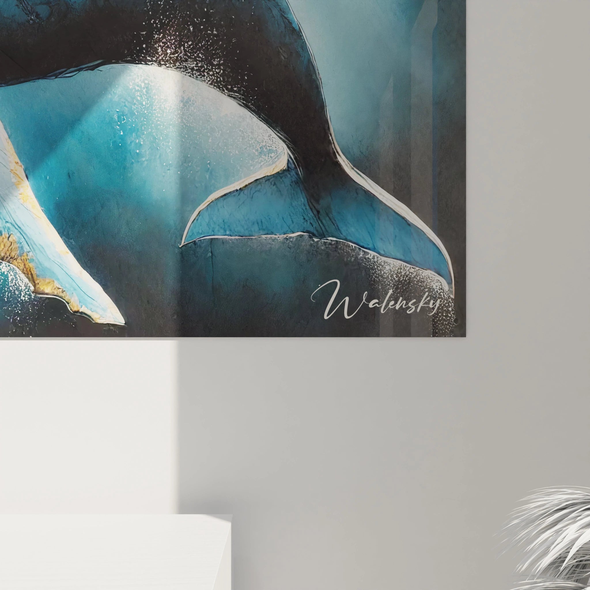 vue rapprochée du tableau cachalot mettant en valeur les textures fines et les contrastes. La lumière sous-marine souligne les détails du majestueux cachalot pour une immersion totale.