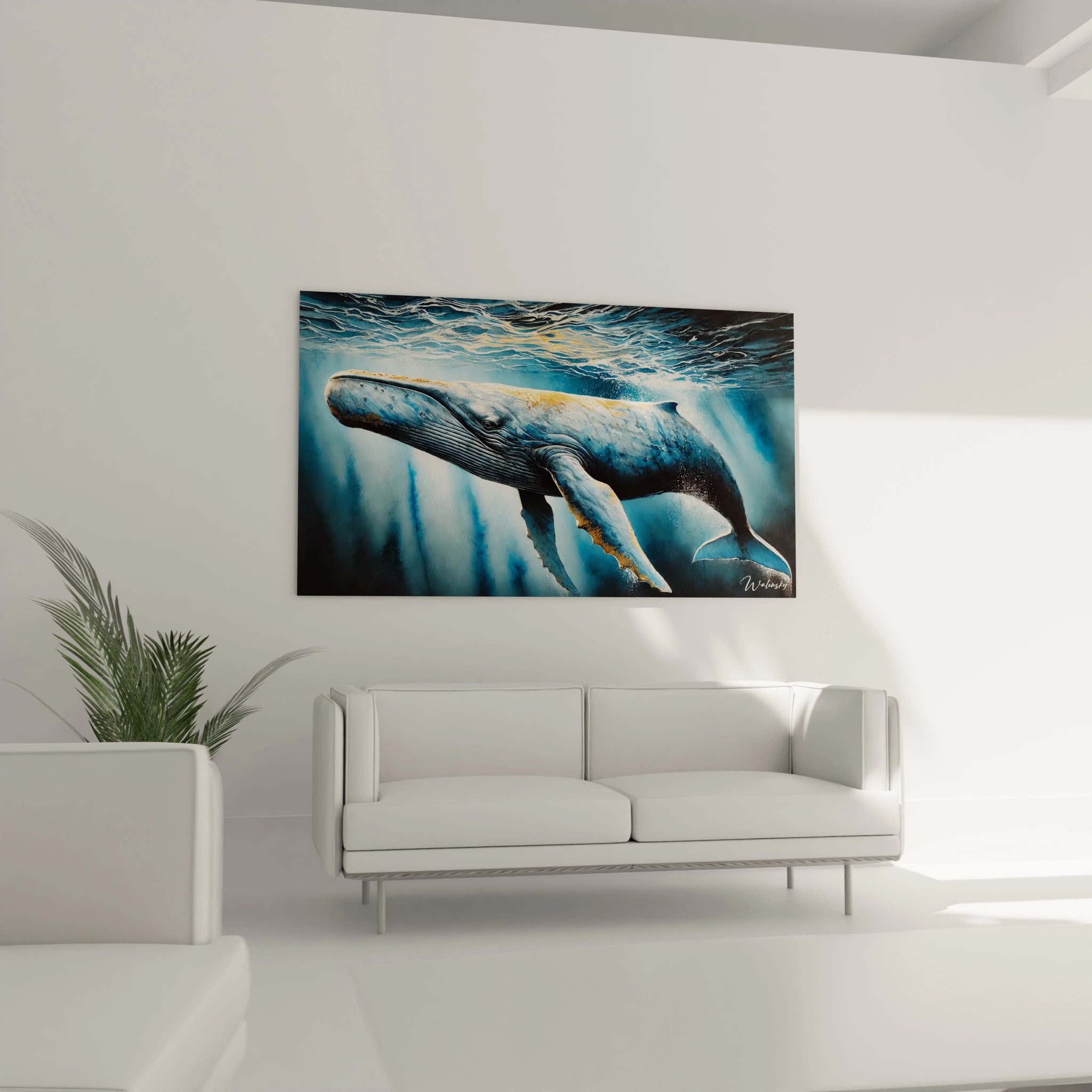 tableau cachalot suspendu dans un salon illumine l'espace avec ses teintes marines. L'effet de profondeur et de mouvement crée une ambiance immersive qui capte l'attention.