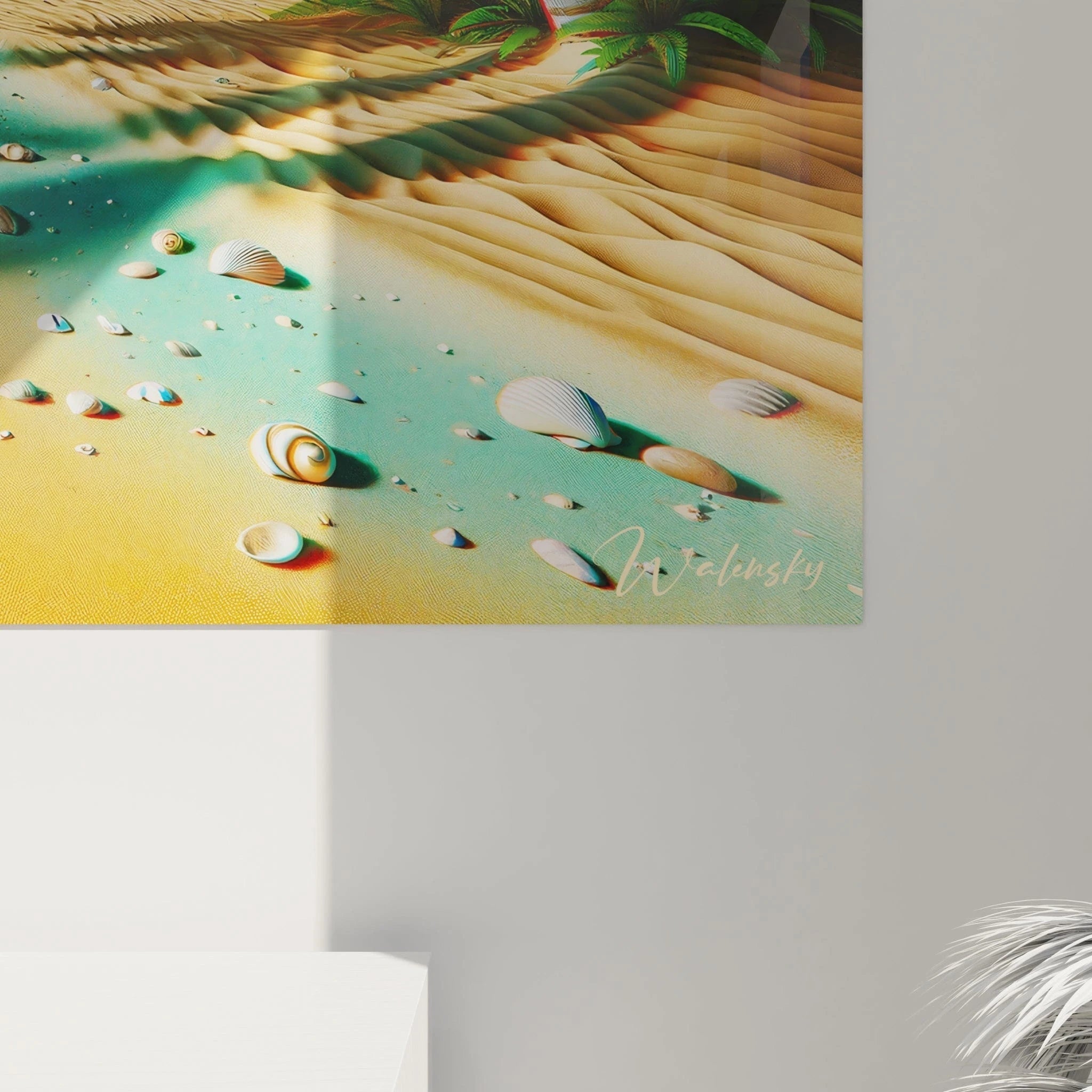 Tableau paysage mural Walensky représentant une plage paisible avec des coquillages et des palmiers