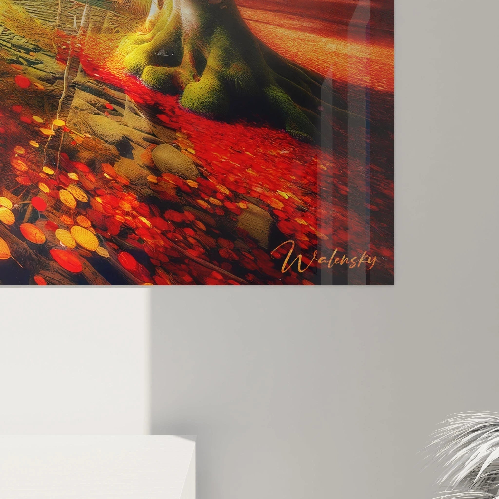 Un tableau paysage centré sur une scÚne forestiÚre automnale, eau transparente avec feuilles flottantes, dock en bois visible et contrastes chauds sur les troncs.