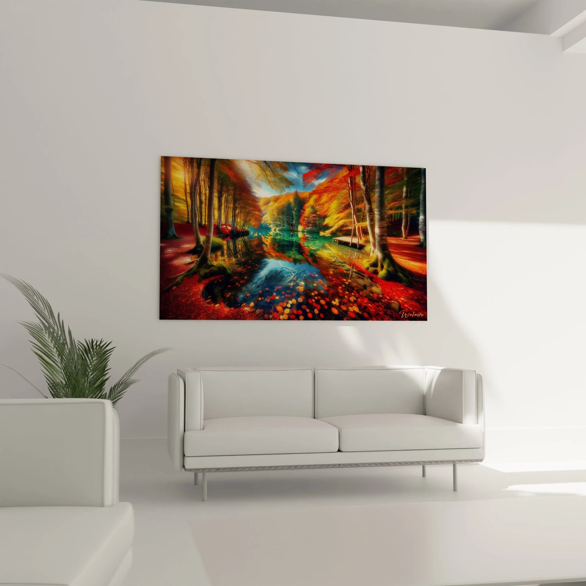 Tableau paysage figurant un Ă©tang entourĂ© dâarbres feuillus, sol couvert de feuilles rouges, vert mousse sur les racines, et lumiĂšre filtrĂ©e sur lâensemble.