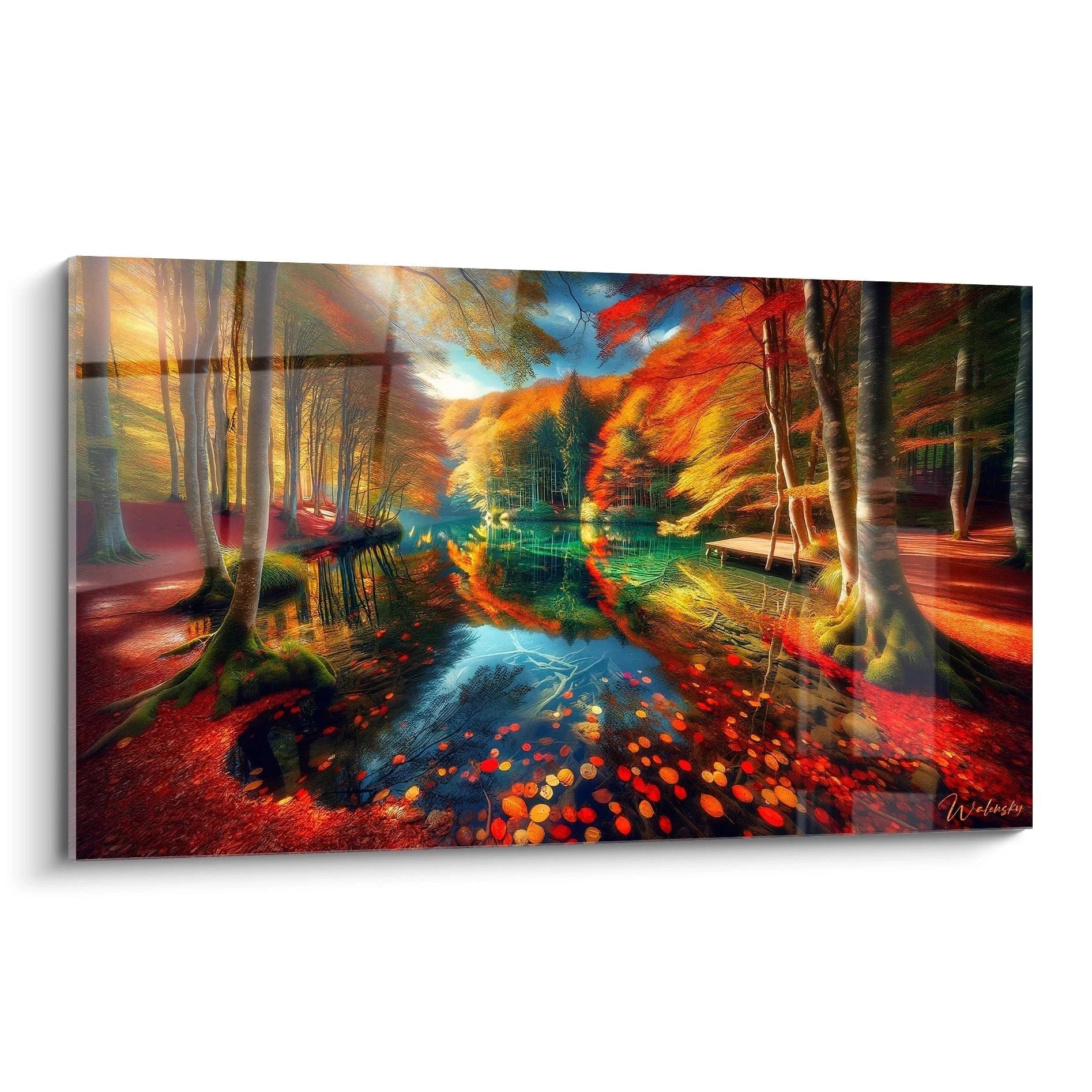 Tableau paysage reprĂ©sentant une forĂȘt en automne avec un lac central, feuillages rouges, jaunes, orange, et reflets dĂ©taillĂ©s des arbres sur lâeau claire.