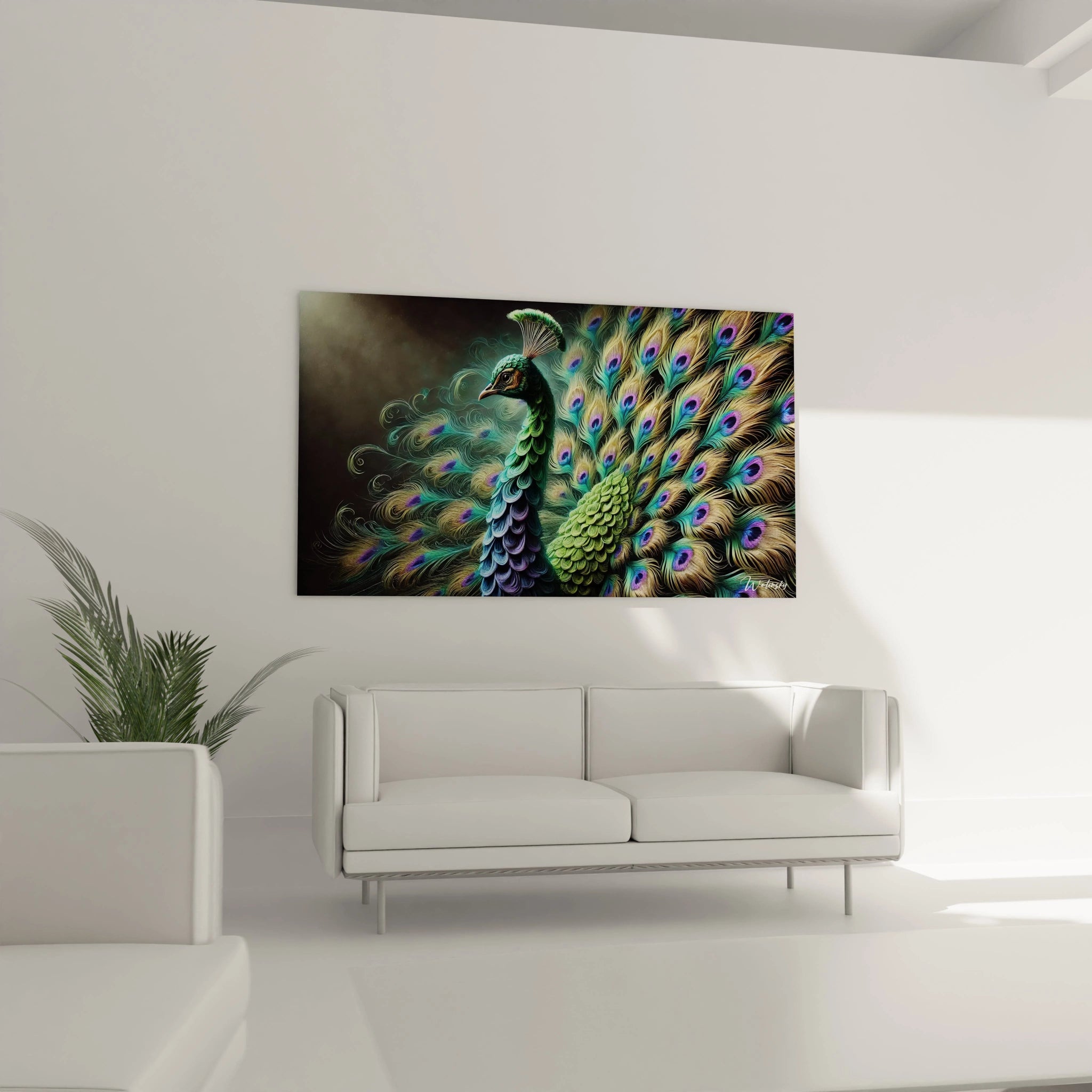 Parfait pour un salon contemporain, ce tableau paon accroché au-dessus du canapé transforme l’espace avec ses détails vibrants et ses tons élégants. Une pièce d’art incontournable pour un intérieur chic.