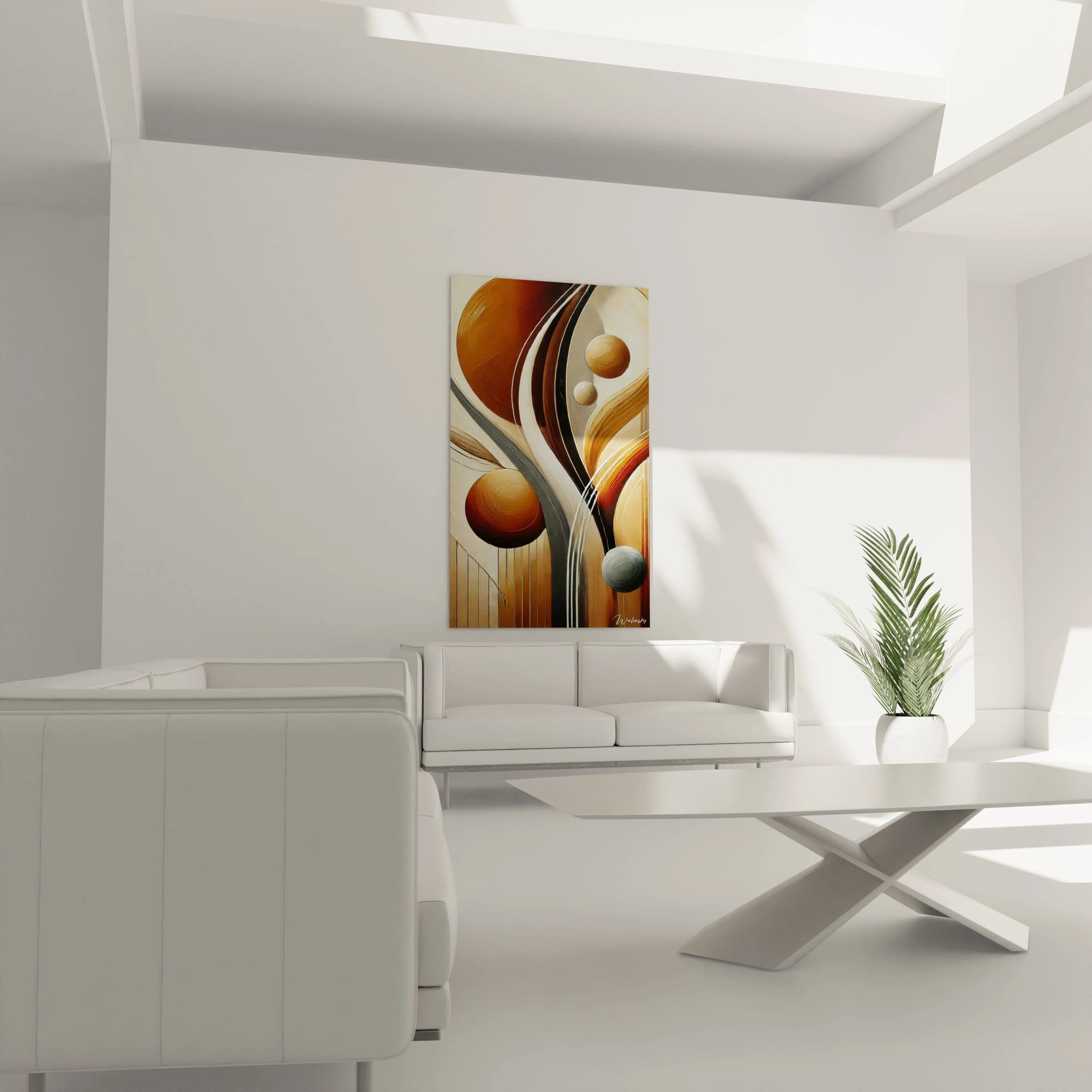 "Tableau abstrait dans un salon, accroché au-dessus du canapé. Les formes courbées et les teintes naturelles s'harmonisent avec l’espace, ajoutant une dimension moderne et sophistiquée."