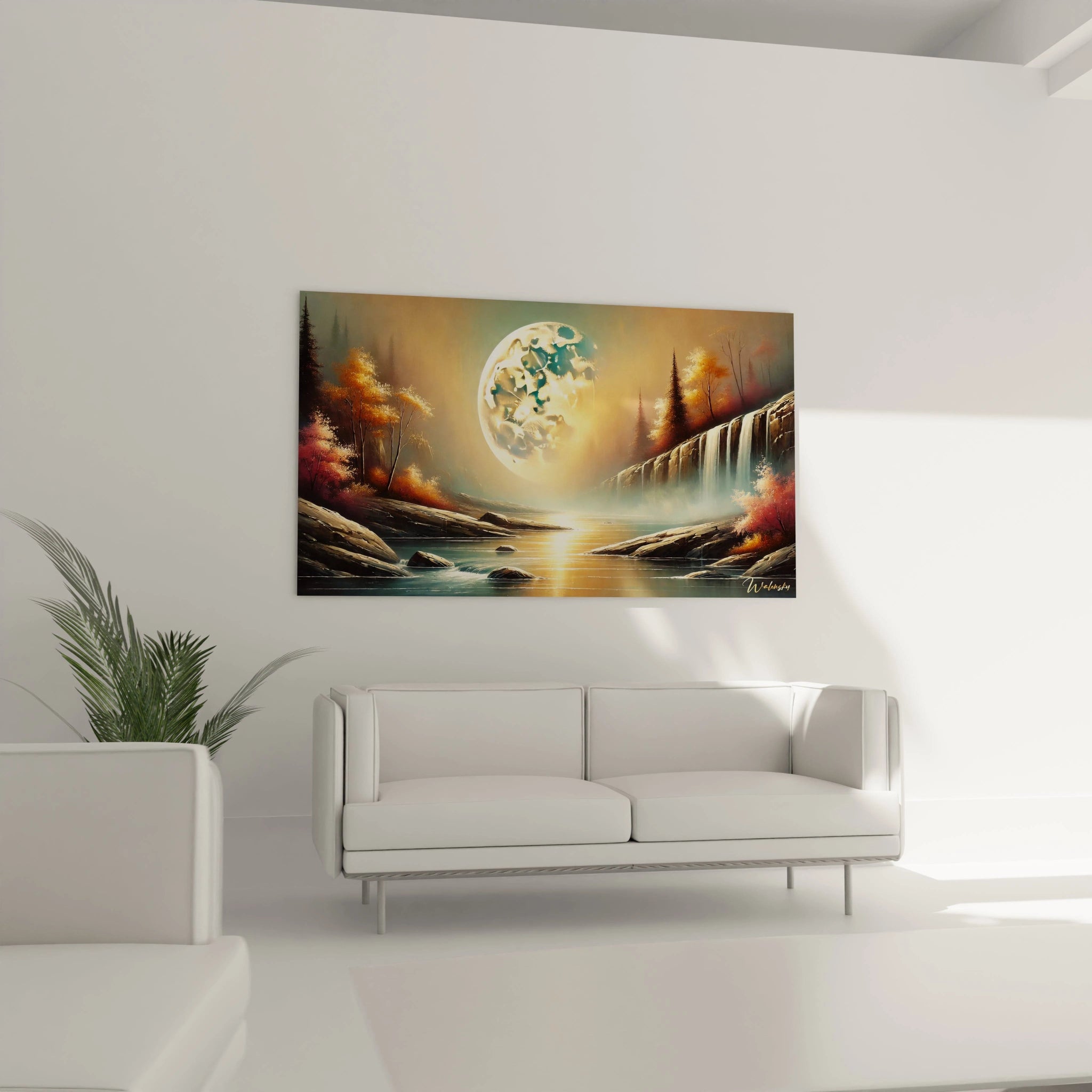 Accroche au-dessus d un canape, ce tableau Lune transforme votre salon en un espace elegant et onirique, avec une touche celeste captivante et harmonieuse.