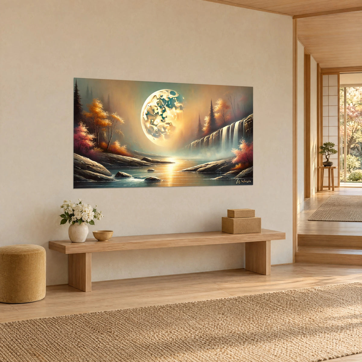 Schilderij Gouden maanbol die een waterval en rotsen domineert, amberkleurige weerspiegeling op het water, lichte houten bank, driekwartzicht