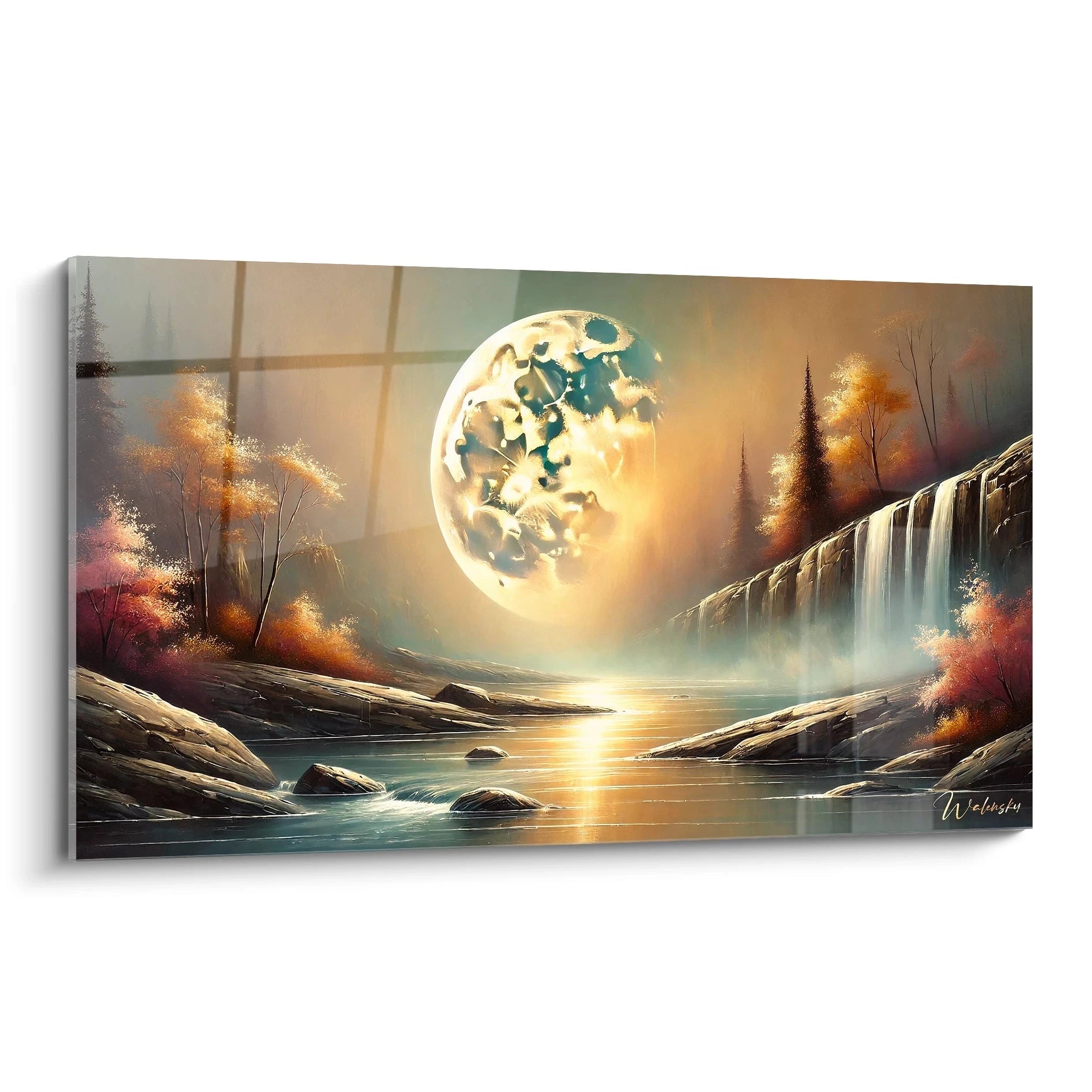 Presentation de ce tableau Lune vue de biais : une œuvre capturant la serenite de la nuit et la magie cosmique. Ses nuances or et bleu apportent elegance et mystere a votre espace.