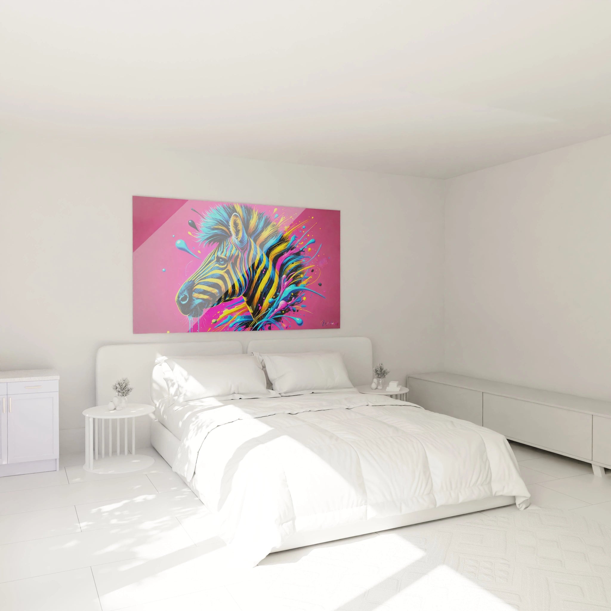 Sublimez votre chambre avec ce tableau zebre au-dessus du lit. Les couleurs vibrantes jaune, bleu et rose s'harmonisent parfaitement pour apporter une touche artistique audacieuse et moderne à votre interieur.