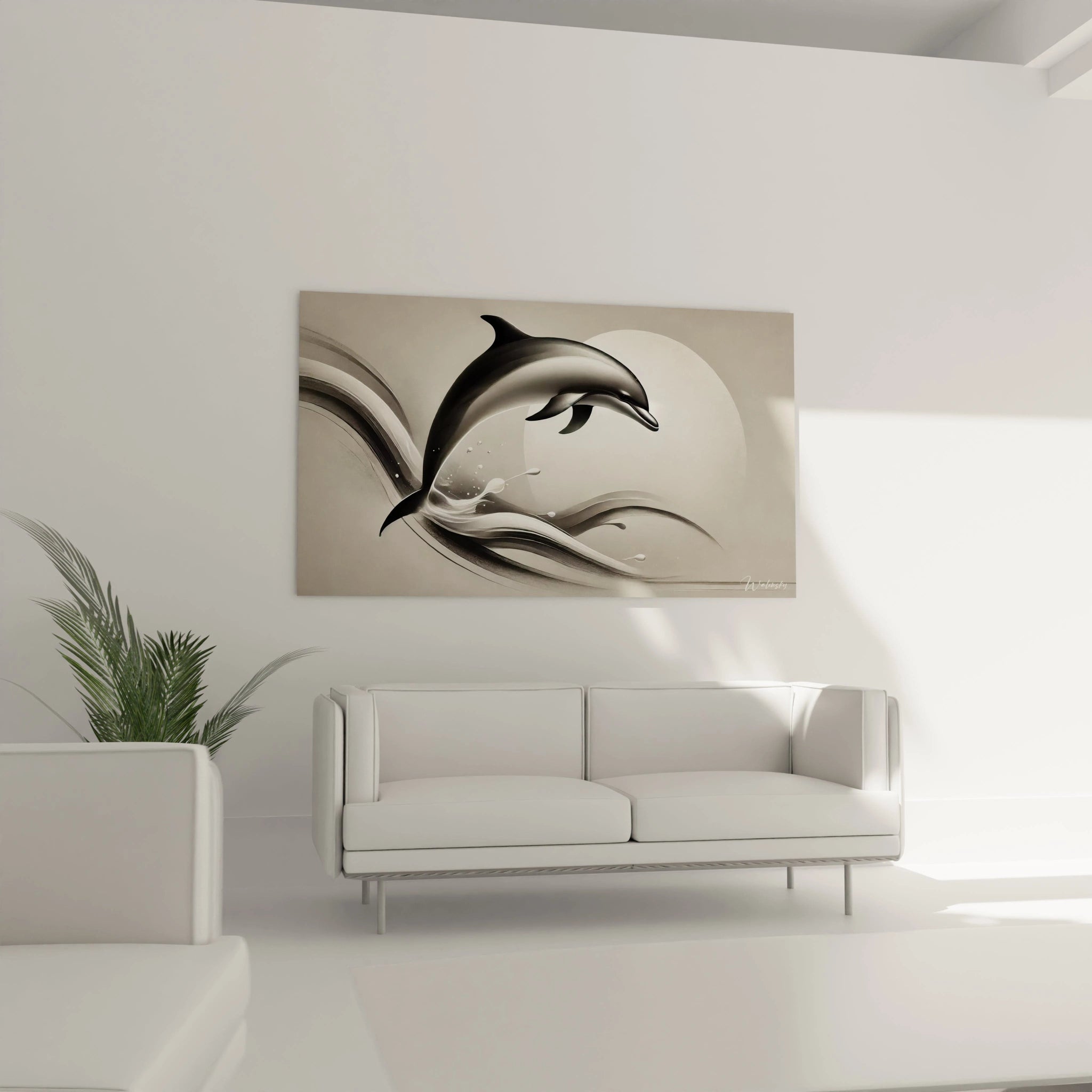 Ce tableau dauphin sublime le salon avec son style minimaliste. Accroche au dessus du canapé, il apporte une touche d'elegance et d'echapatoire grace a ses formes epurees.