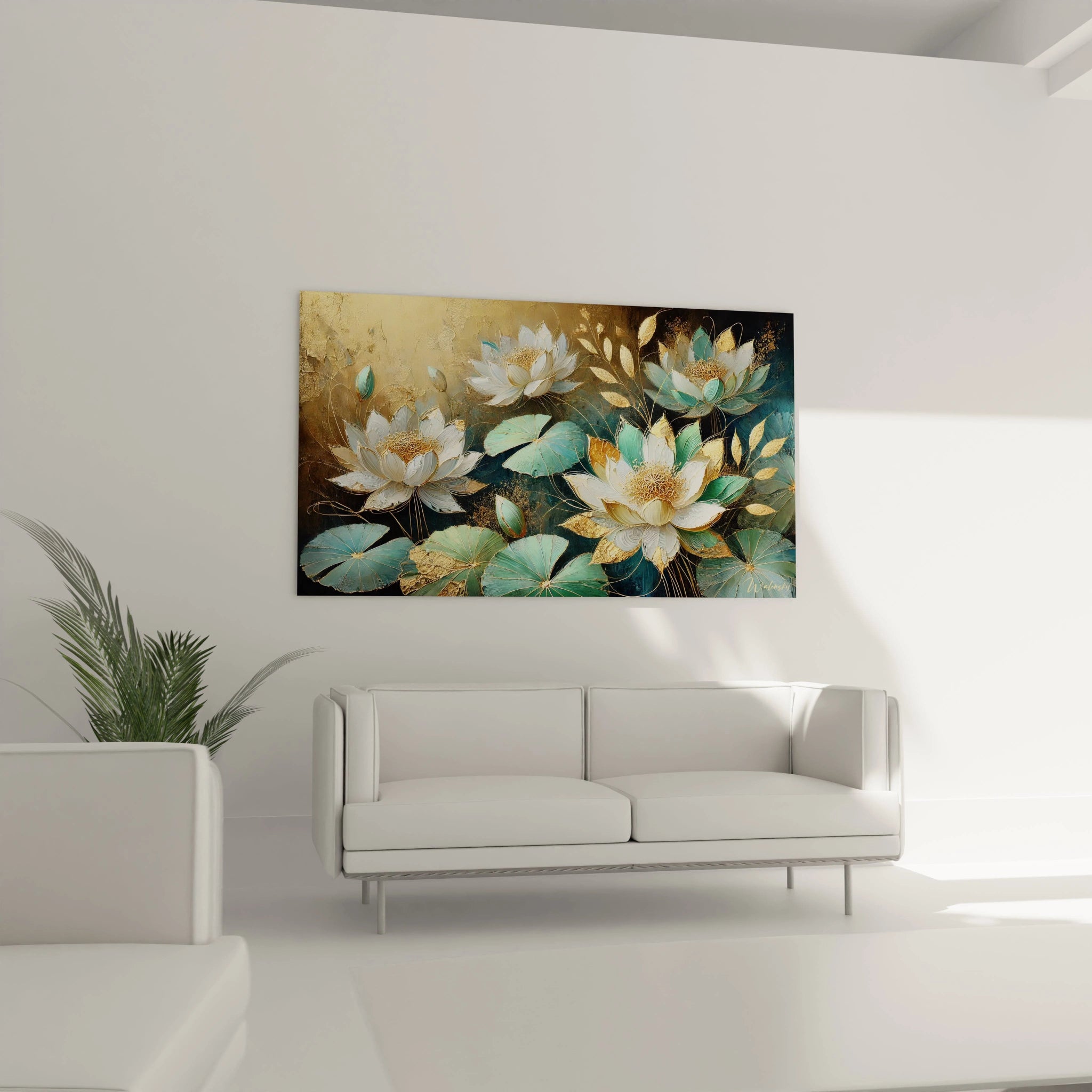 Tableau Nénuphare accroché au mur dans un salon, créant un point focal enchanteur au dessus du canape. Les touches dorees et le vert emerode insufflent nature et elegance a l espace.