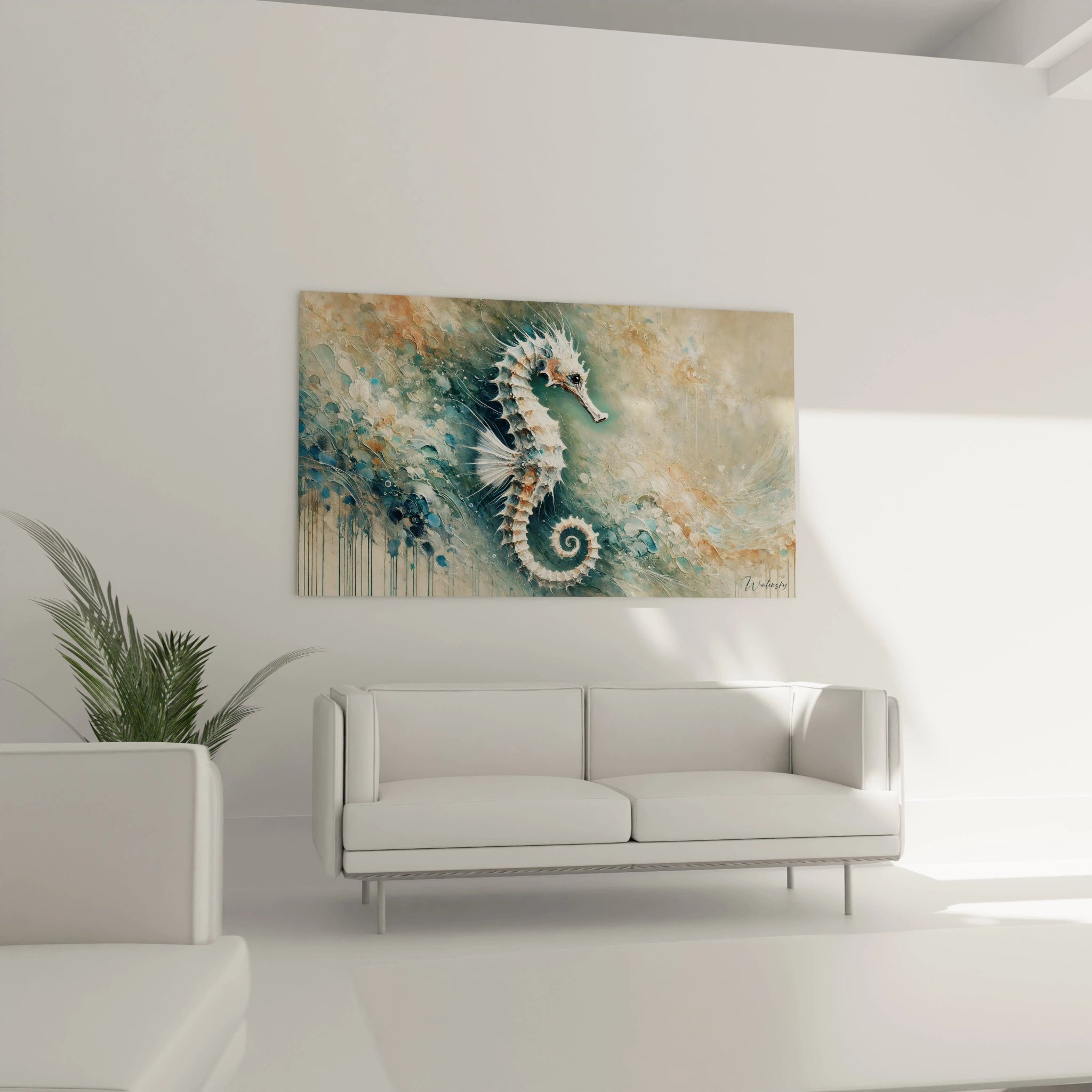 Sublimez votre salon avec ce tableau hippocampe au dessus du canapé. Ses couleurs douces et son mouvement aquatique apportent une touche de nature marine apaisante.