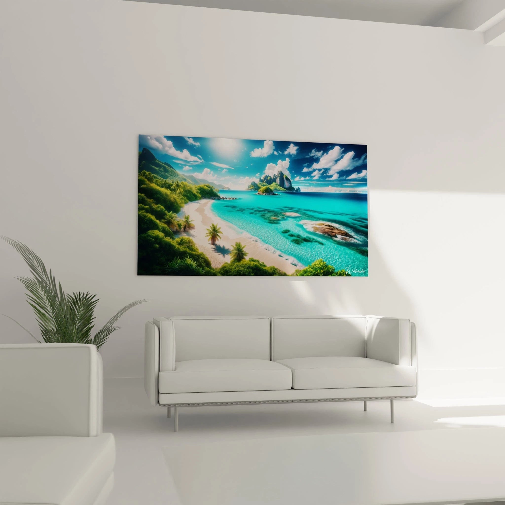 Tableau paysage figurant une baie tropicale avec rivage incurvé, reflets aquatiques dégradés de cyan à bleu, formations rocheuses et forêt en arrière-plan.