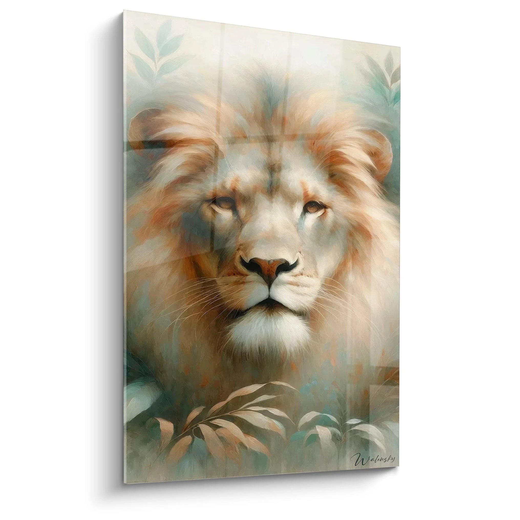 Découvrez une présentation en biais de ce tableau lion. Sa douceur onirique et ses tons apaisants capturent la noblesse et la sérénité du roi des animaux.