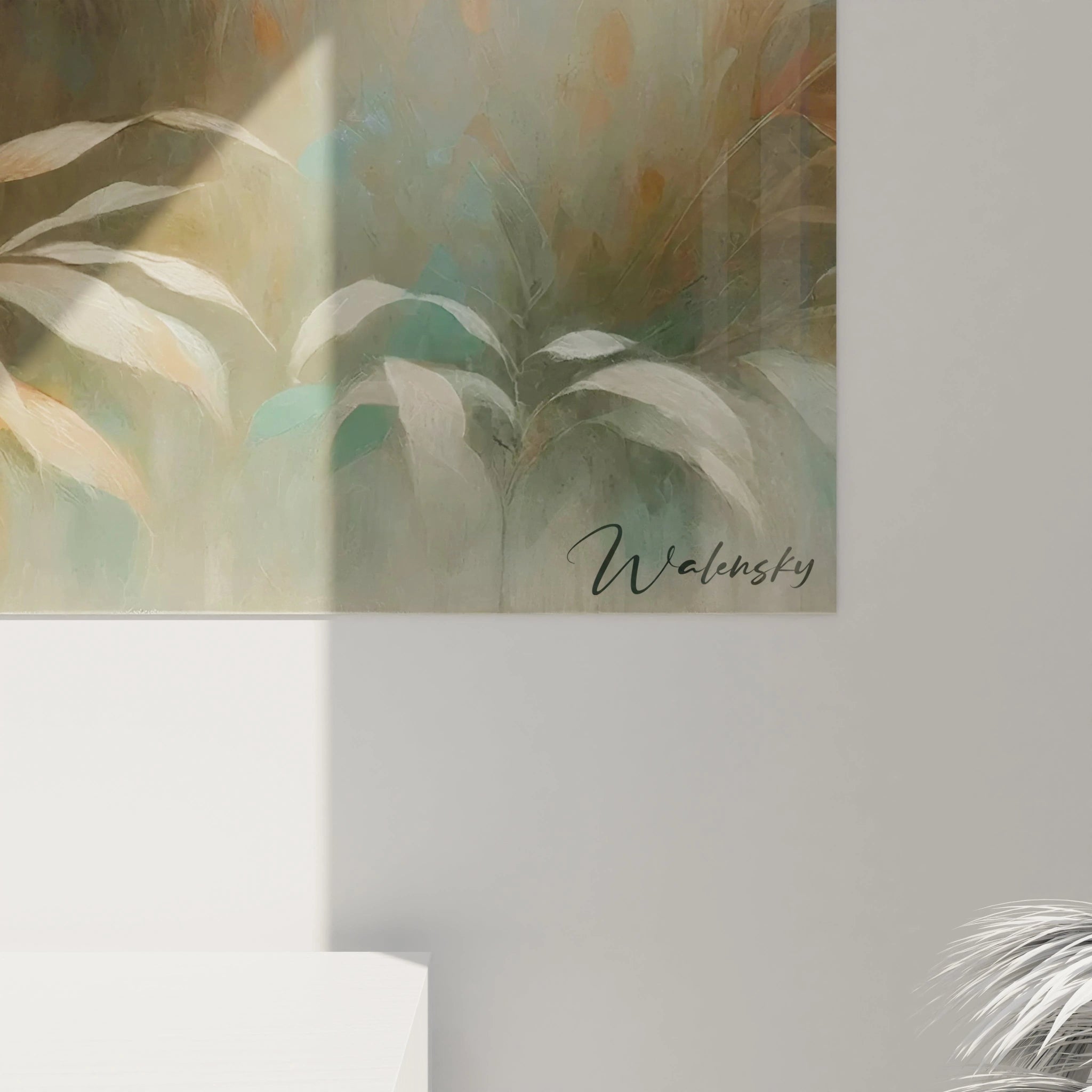 Vue rapprochée de ce tableau lion révélant la finesse des détails et des textures. La crinière du lion floutée et les teintes pastel apportent une légèreté visuelle, renforçant l'harmonie de l'ensemble.