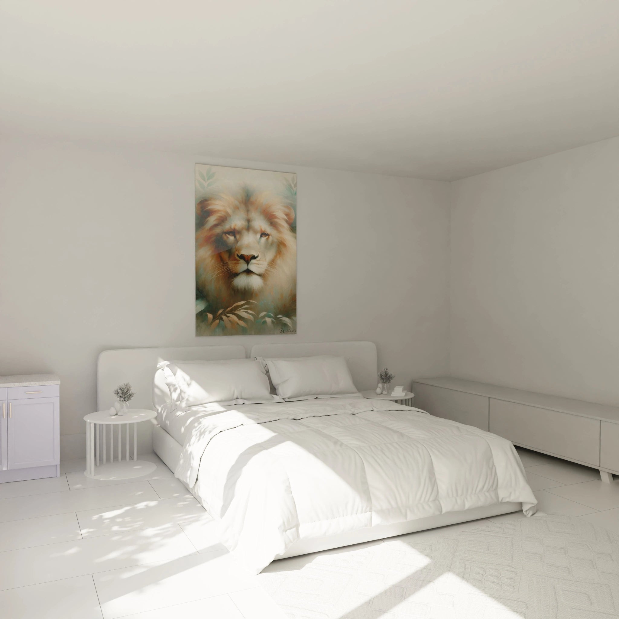 Ce tableau lion, accroché au mur au-dessus du lit, apporte une sérénité apaisante à la chambre. Ses couleurs subtiles et sa douceur créent une ambiance harmonieuse, idéale pour un espace de détente.
