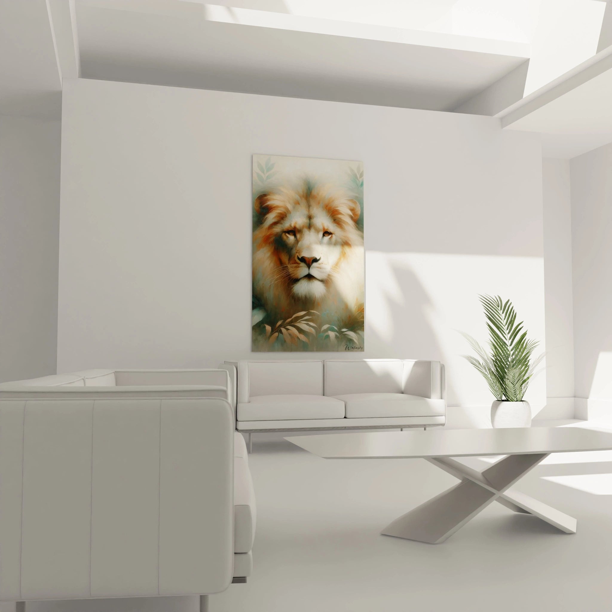 Dans ce salon, le tableau lion surplombe le canapé, ajoutant une touche d'élégance et de calme. Son style éthéré et ses couleurs pastel s'intègrent parfaitement à un décor raffiné et serein.