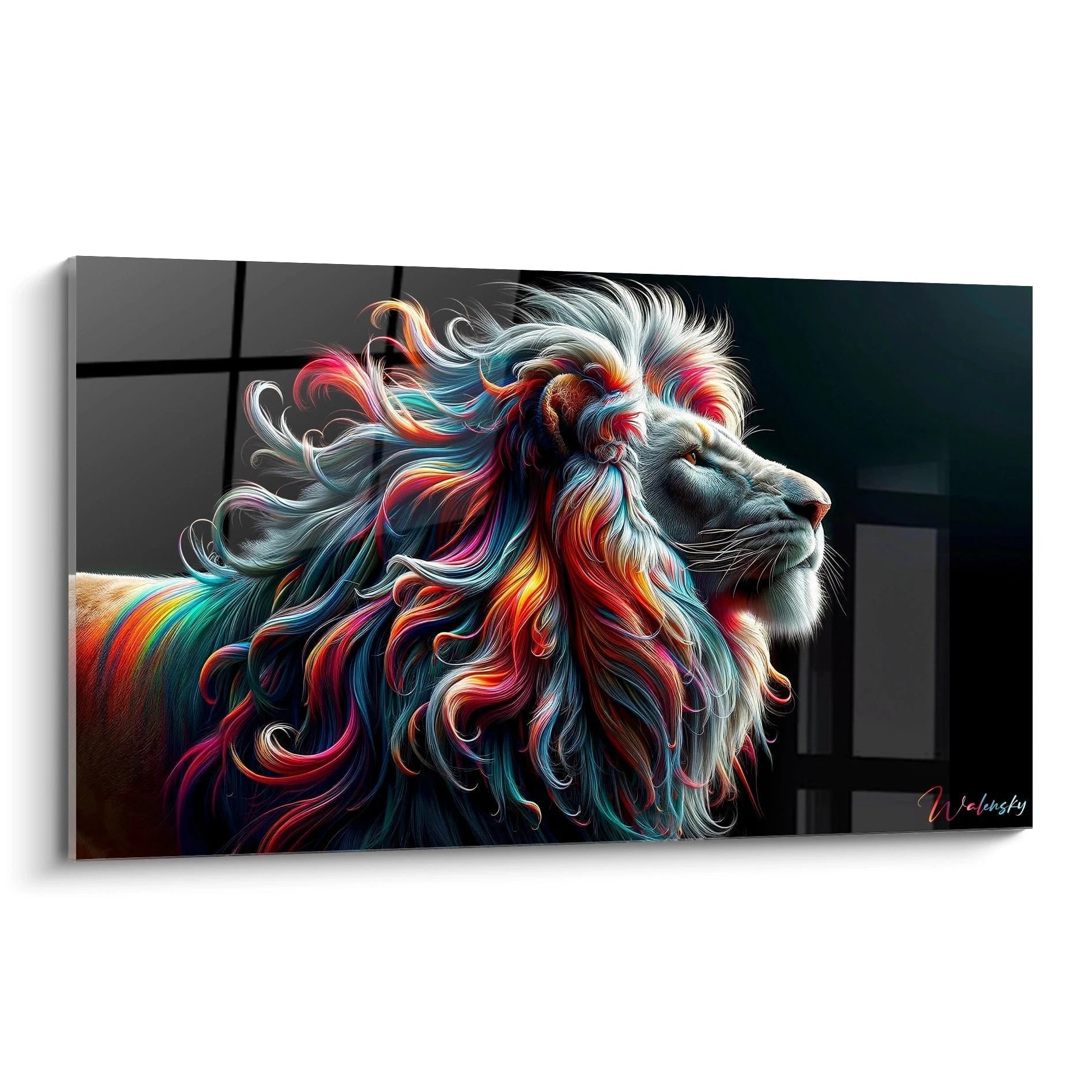 Un tableau d'animal représentant un lion de profil avec une crinière multicolore aux mèches fluides sur fond noir. La texture détaillée du visage gris clair contraste avec les couleurs vives de la crinière mêlant bleu, rouge, rose, turquoise, jaune et blanc. Les poils ondulants créent un effet de mouvement dynamique autour de la tête majestueuse.