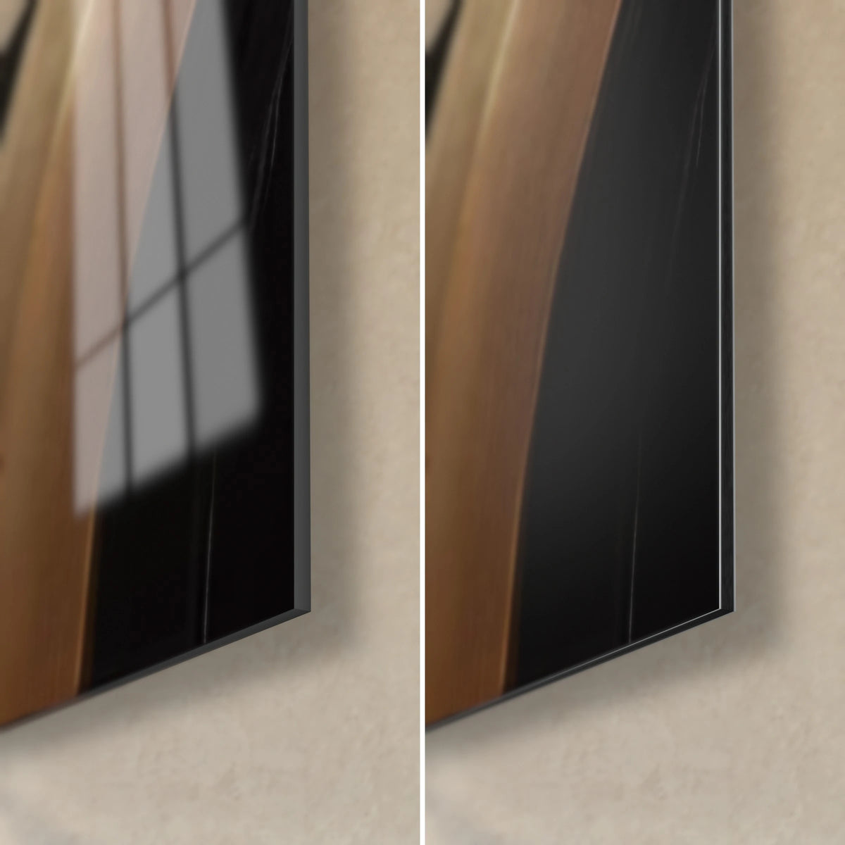 Schilderij met abstracte zwarte en koperkleurige krommingen, rechtsonder: glanzend acrylglas met reflecties en mat Dibond-aluminium, 3 mm dik
