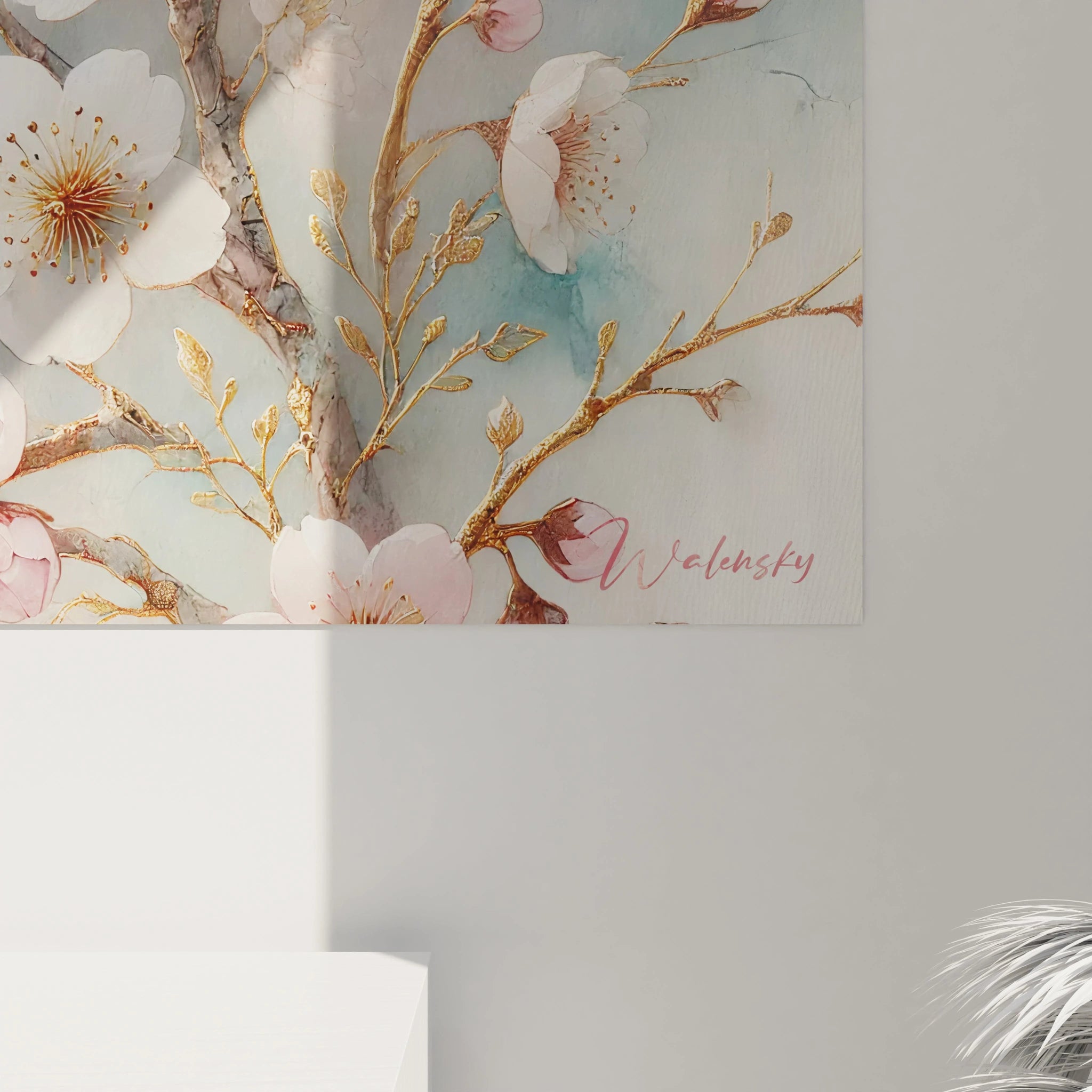 Vue de pres, ce tableau sakura revele ses details en or et pastel, capturant la poesie des fleurs de cerisier en pleine floraison. Une evocation d’un printemps serein.