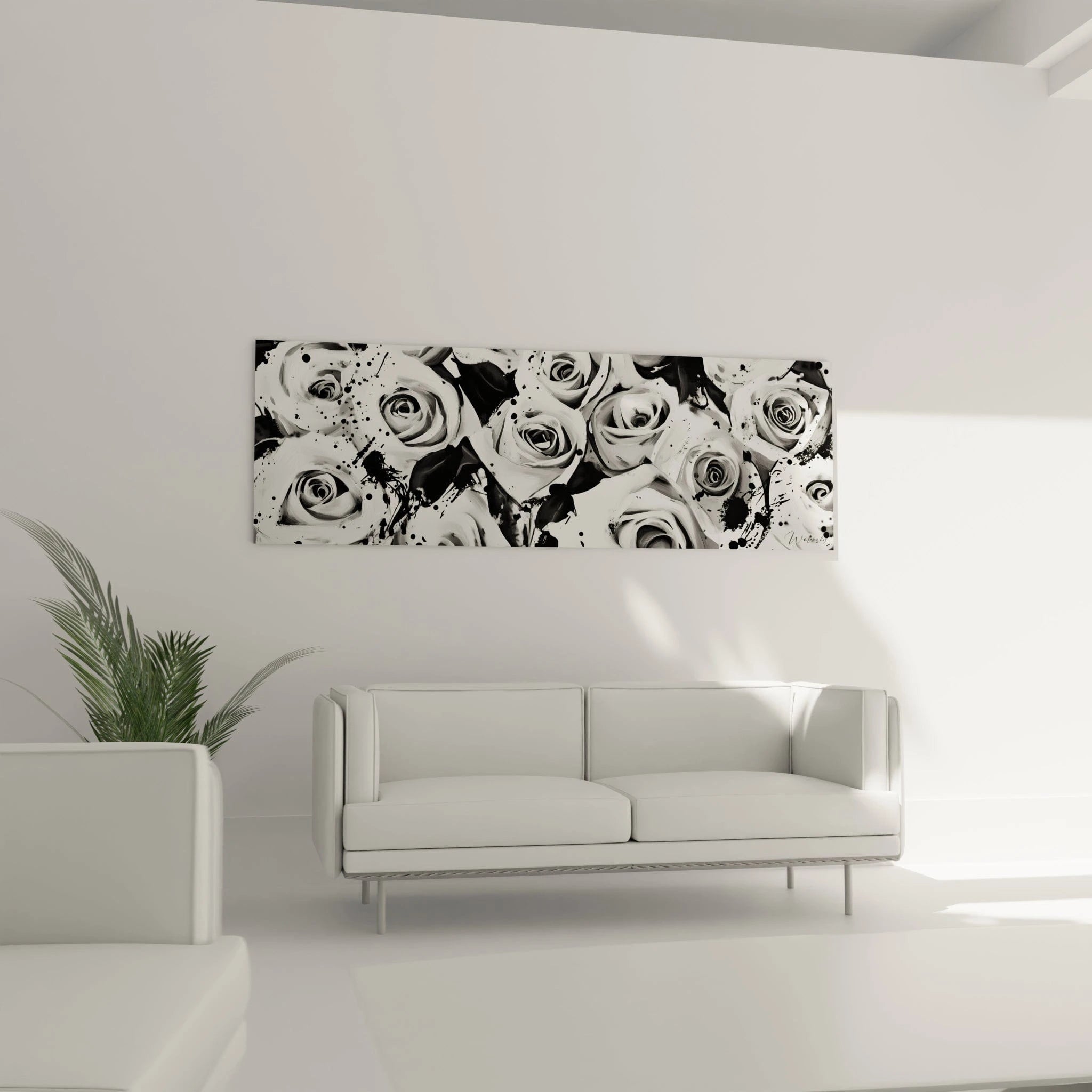Tableau tacheté noir et blanc de roses sur toile pour décoration intérieure élégante