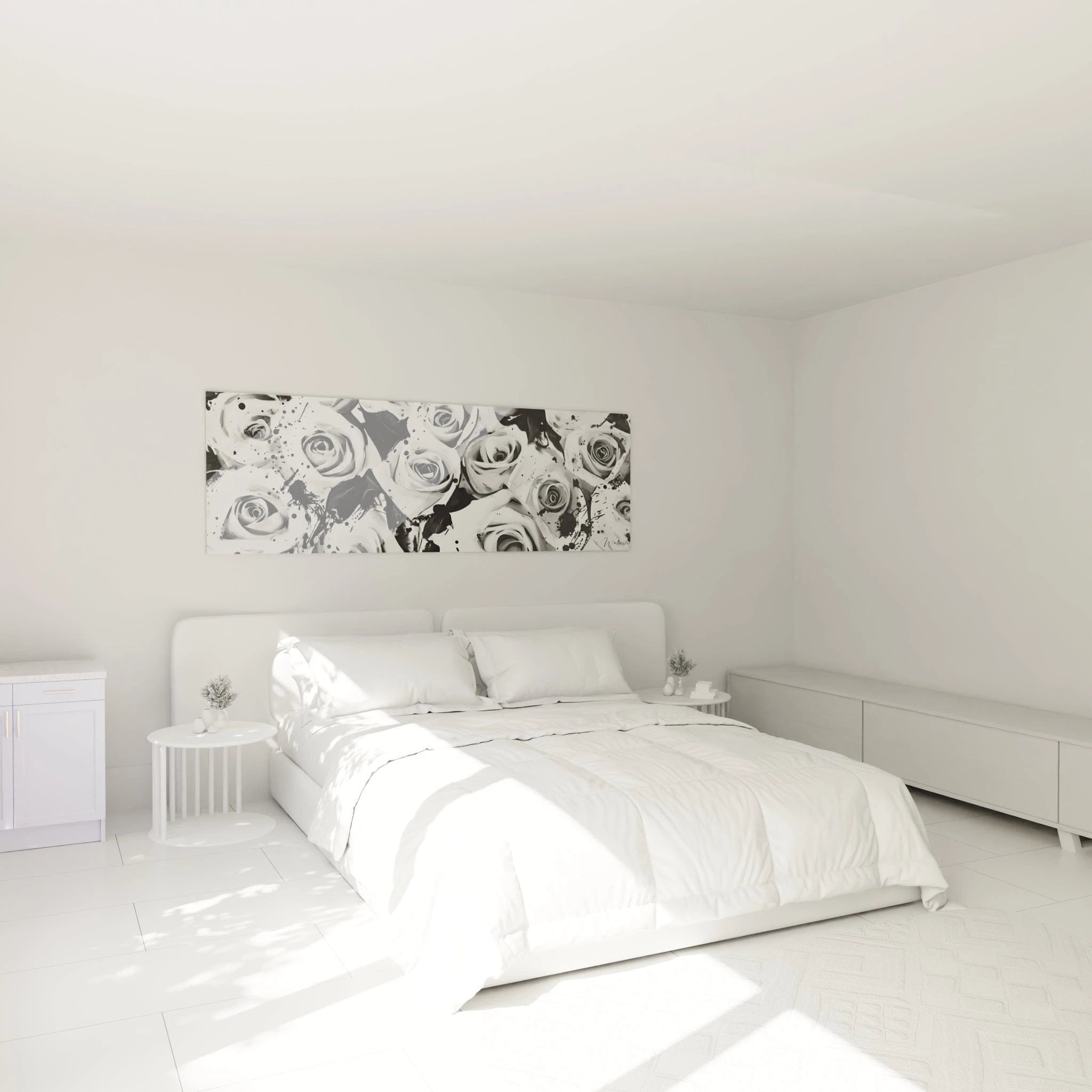 Tableau tacheté noir et blanc de Walensky décorant une chambre moderne minimaliste