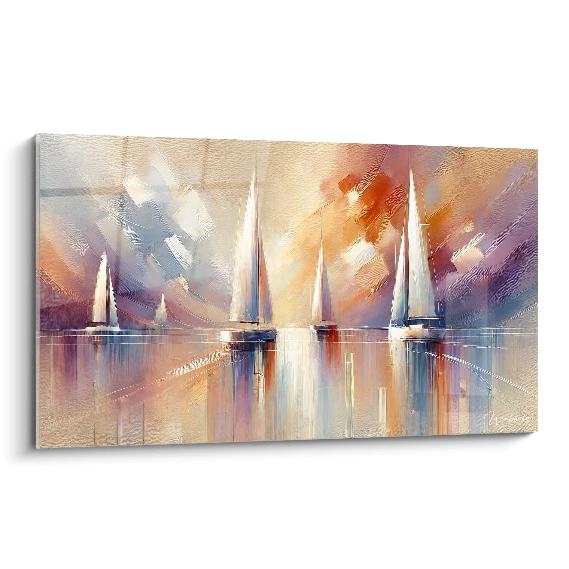 Ce tableau abstrait de voiliers, vu de biais, dévoile ses tons pastel de beige, orange, bleu et violet. Les formes épurées des voiliers flottent sur une mer calme, créant une ambiance sereine.