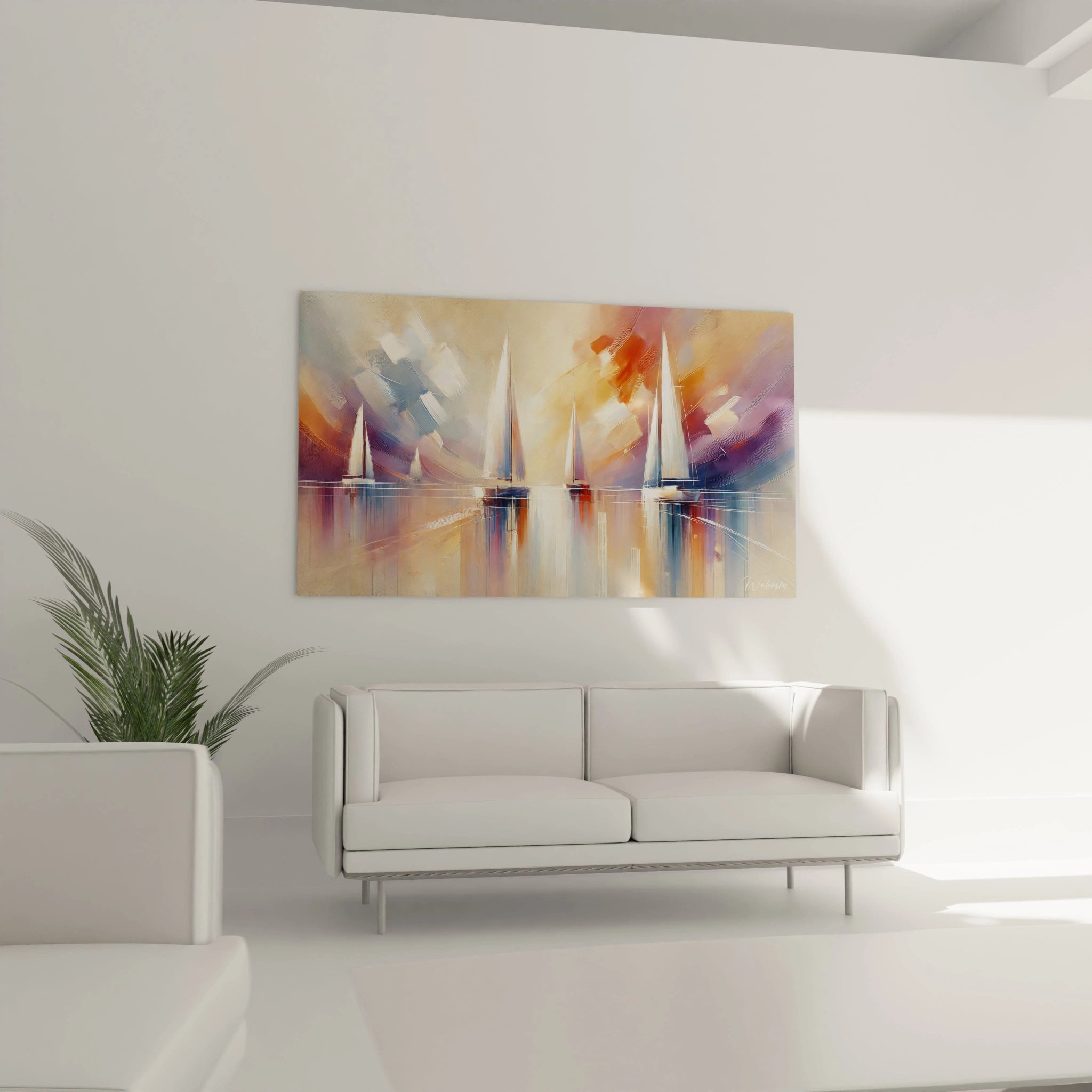 AccrochĂ© au-dessus dâun canapĂ©, ce tableau de voiliers illumine le salon avec ses teintes pastel. L'effet miroir de la mer et les voiles blanches ajoutent une touche d'Ă©lĂ©gance Ă la piĂšce.