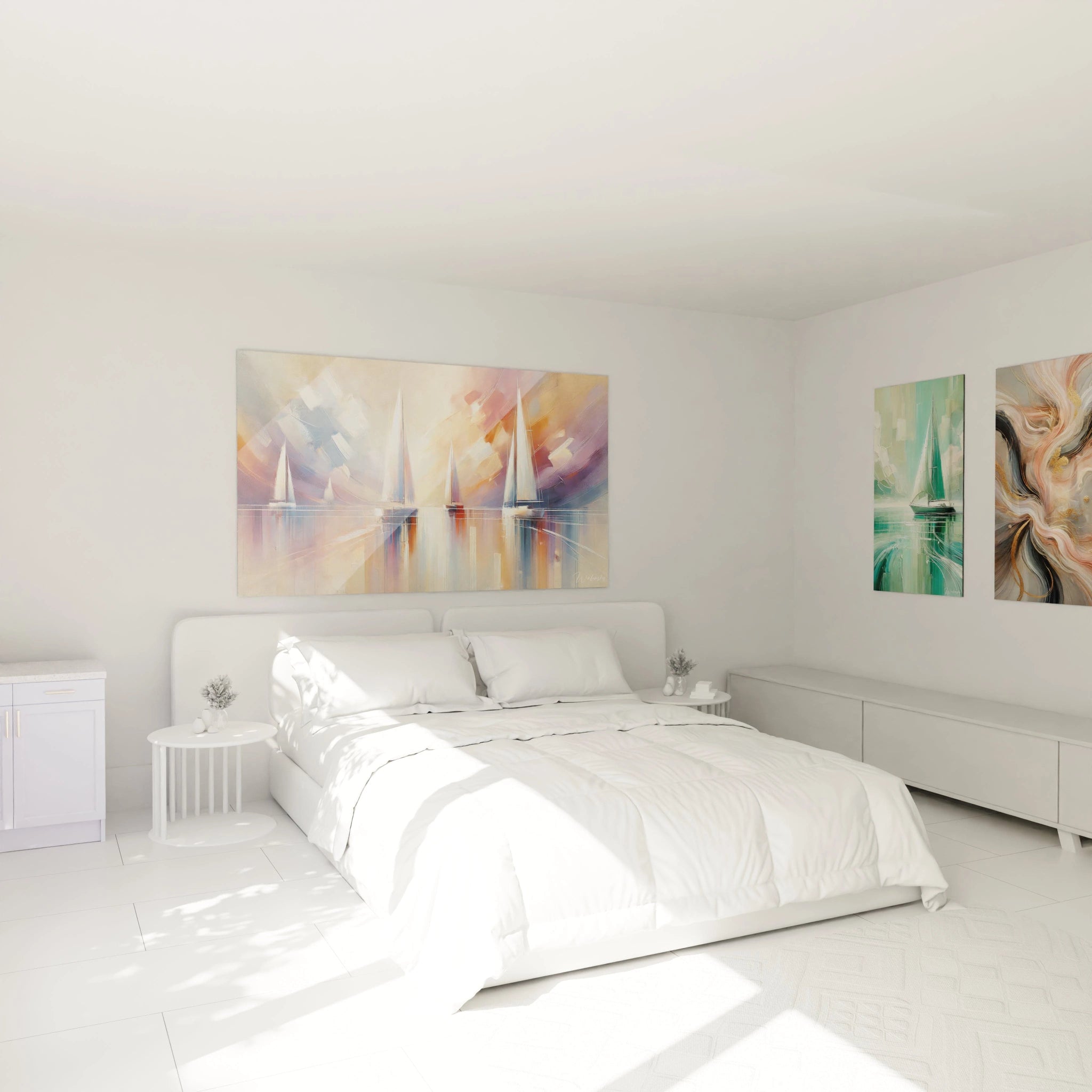 Le tableau voiliers, accroché au mur d'une chambre, diffuse une atmosphÚre paisible. Les nuances pastel de la mer et du ciel se fondent harmonieusement avec une déco intérieure moderne.