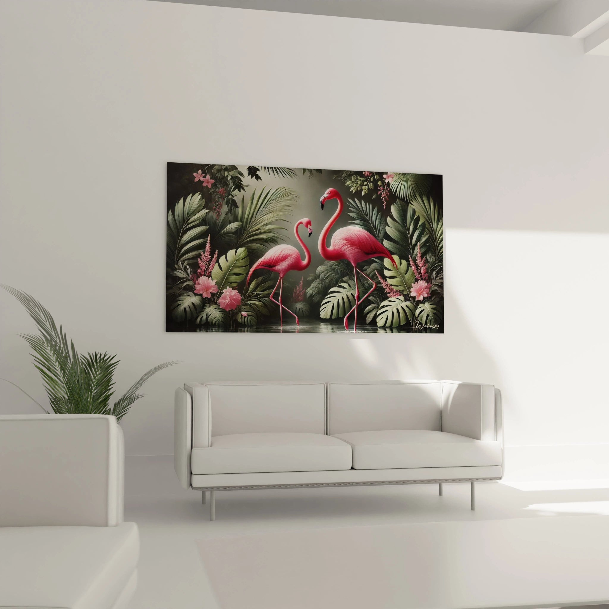 Dans votre salon, ce tableau flamand rose attire l'œil, ajoutant une touche d'exotisme avec ses couleurs vives et son ambiance apaisante, idéal au-dessus d'un canapé.
