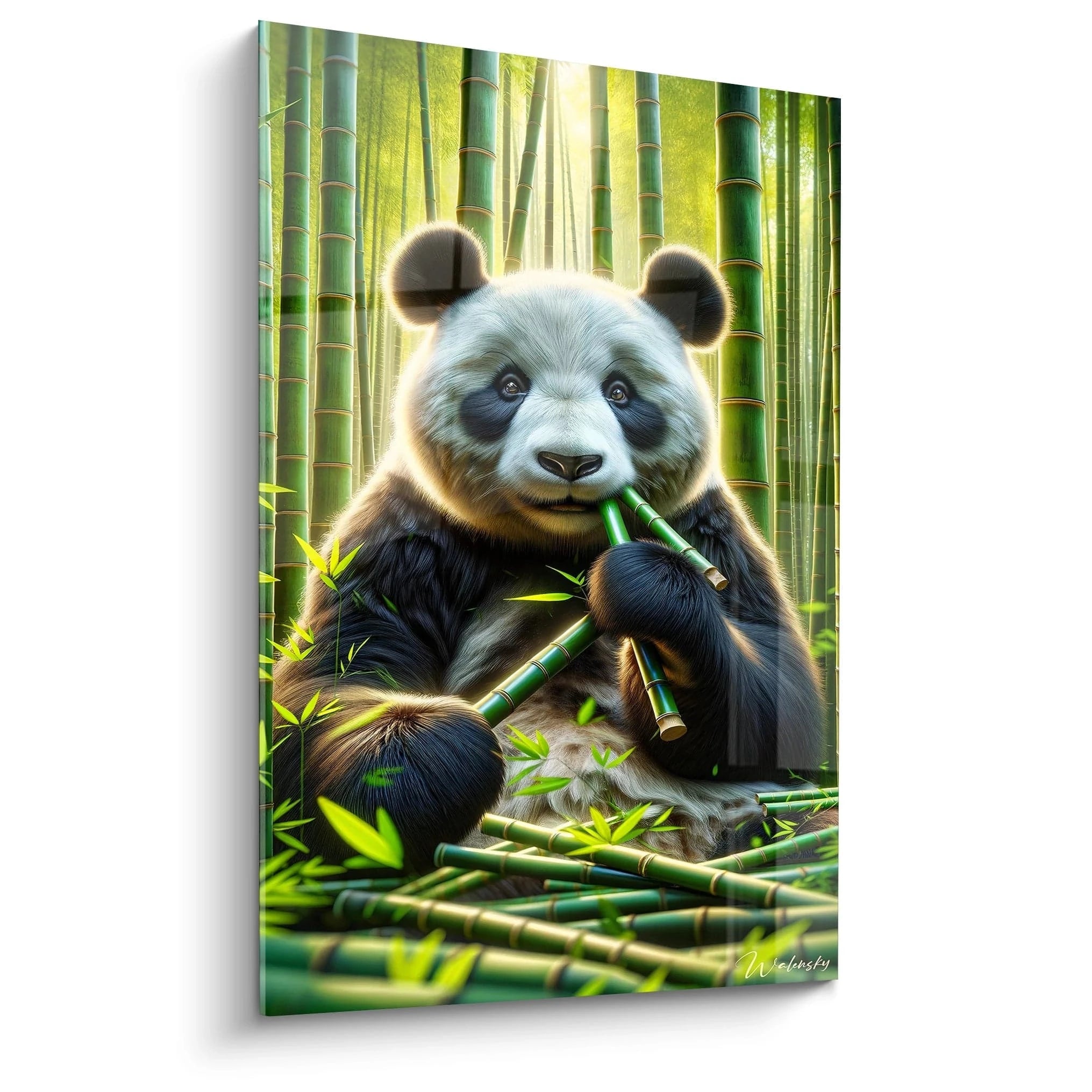 Un tableau d'animal représentant un panda tenant une tige de bambou dans sa patte et entouré de tiges vertes. La texture détaillée du pelage noir et blanc contraste avec le vert vif des bambous. L'arrière-plan lumineux filtrant à travers la forêt de bambous crée un halo doré derrière l'animal au regard expressif.