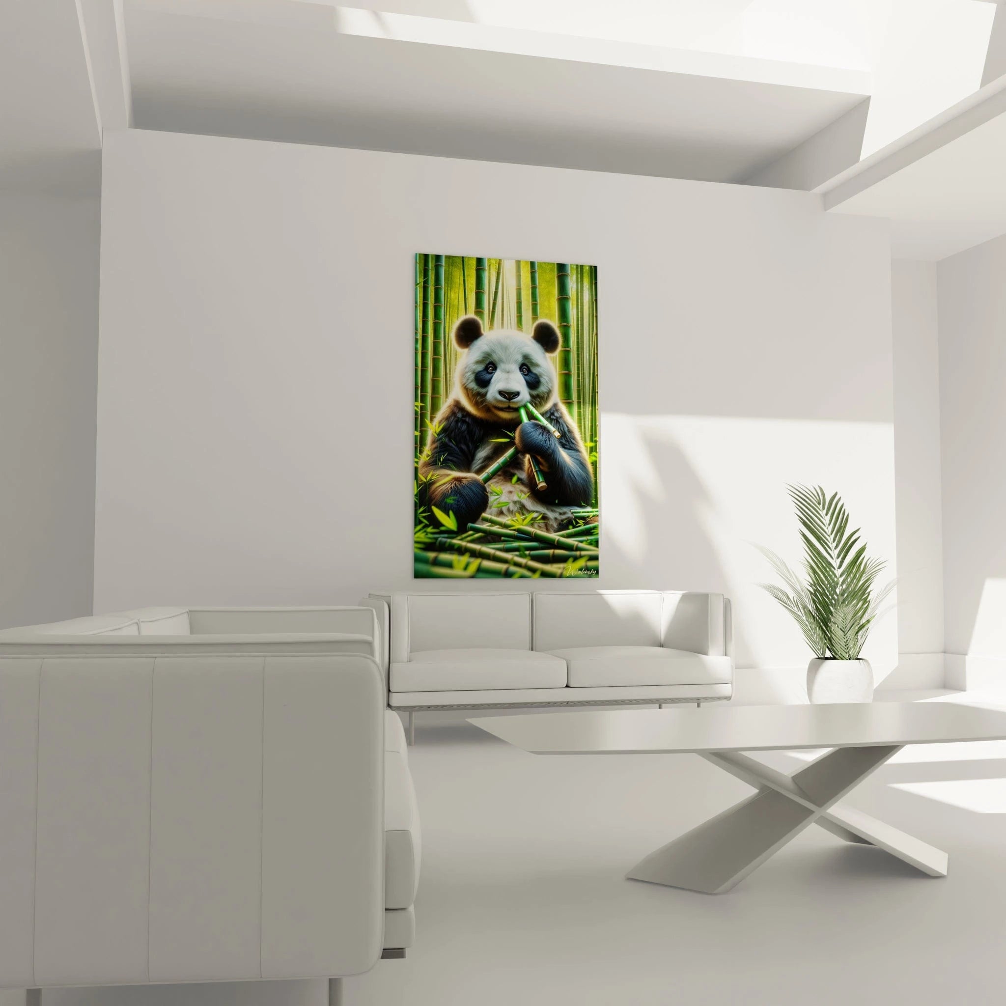 Un tableau d'animal montrant un panda en train de manger un morceau de bambou dans son habitat naturel. La texture soyeuse du pelage contrastant entre les zones noires et blanches est rendue avec précision. L'environnement composé de nombreuses tiges de bambou vert brillant et de feuilles est baigné d'une lumière dorée qui filtre à travers les plantes.