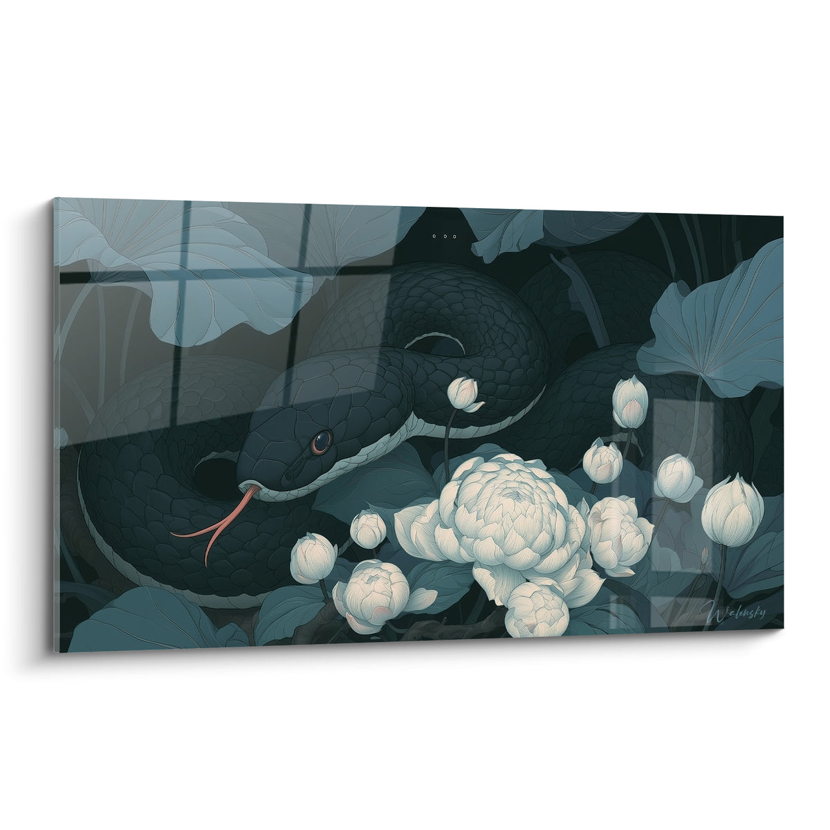 Serpent anthracite enroulé parmi pivoines blanches, tableau aux teintes bleu nuit et écailles détaillées