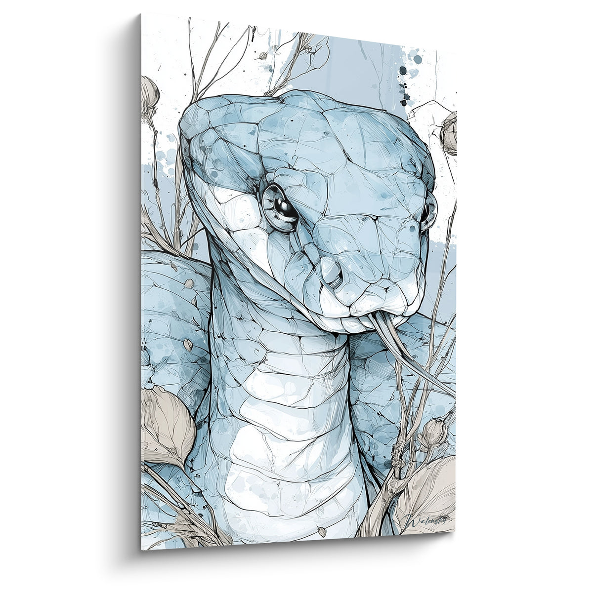 Serpent bleu pâle et blanc à la langue tirée, écailles dessinées finement au trait anthracite