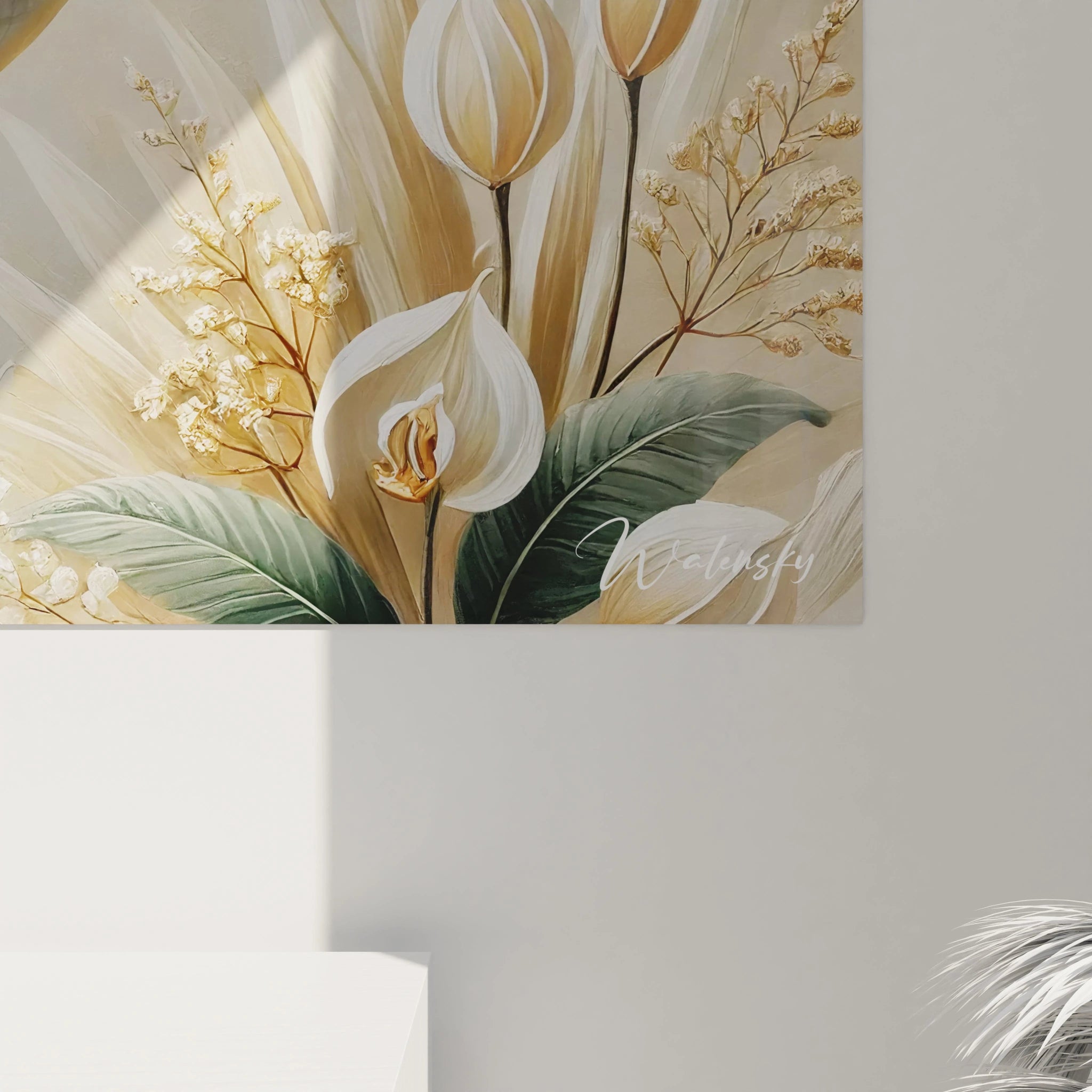 Vue de pres, les details delicats de ce tableau serpent sont fascinants. Les ecailles du serpent blanc, rehaussees de touches dorees, captent la lumiere pour un effet visuel captivant.