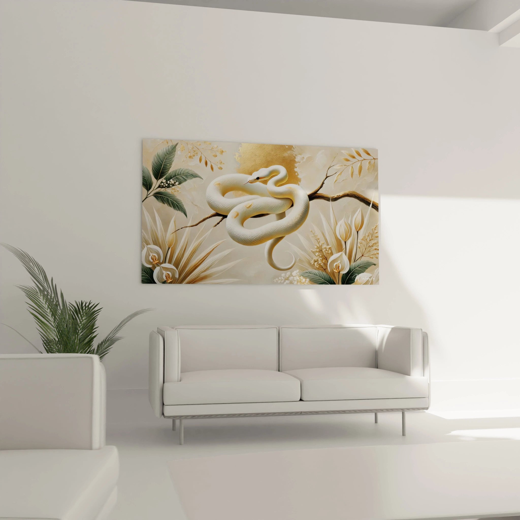 Accroche dans le salon au dessus d'un canape, ce tableau serpent ajoute une touche de sophistication. Son fond beige et or rehausse l'elegance de la piece tout en etant un point focal.