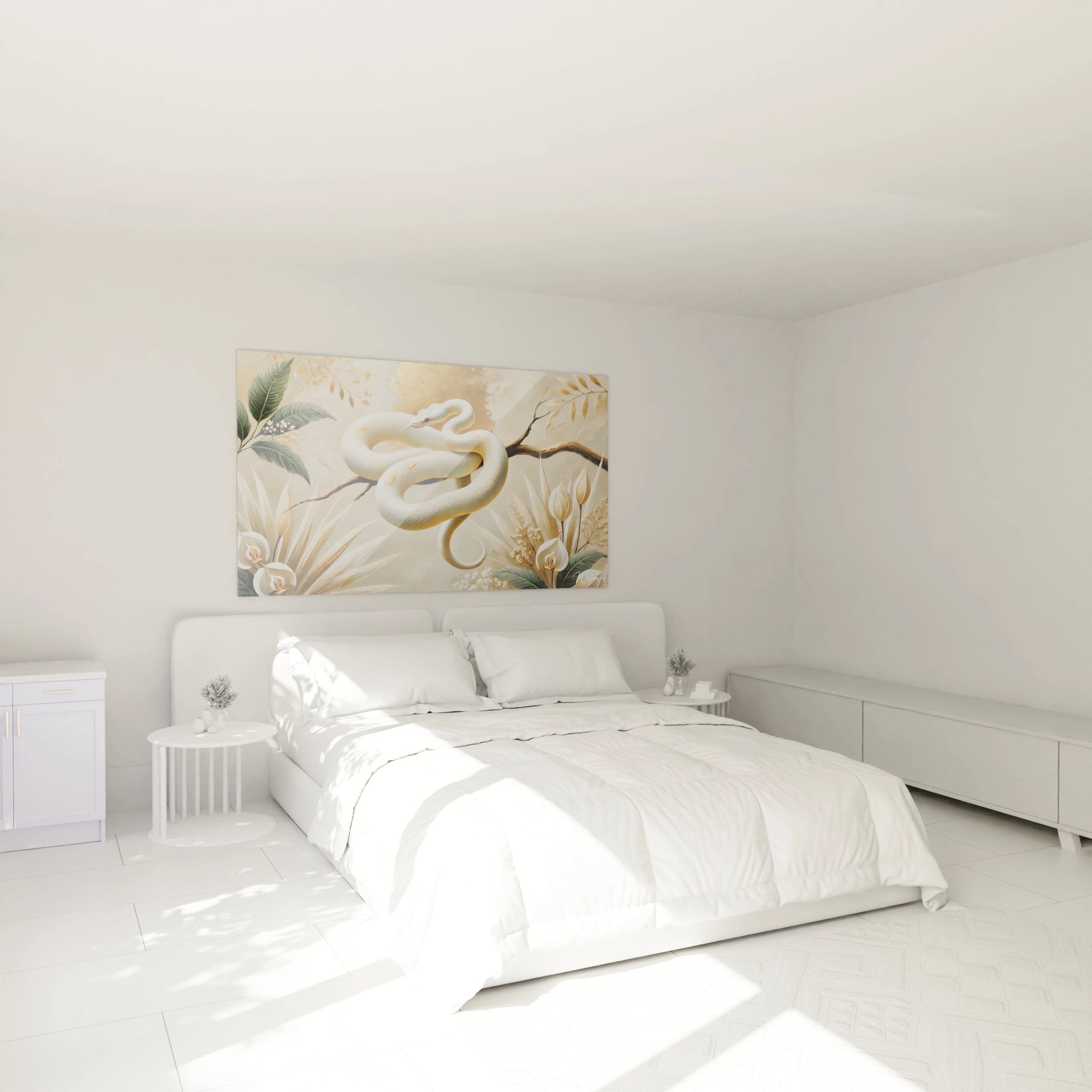 Dans une chambre, ce tableau serpent au dessus du lit apporte calme et harmonie. Ses couleurs neutres et dorees se fondent parfaitement dans l'espace, creant une ambiance apaisante.