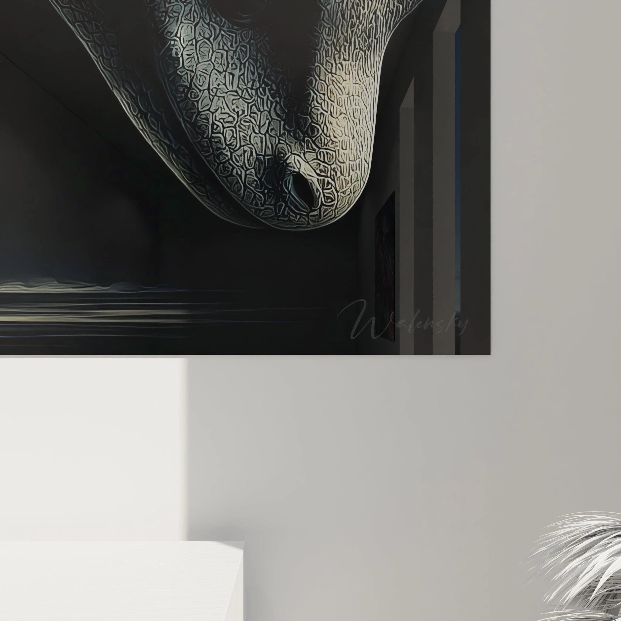 Vue ensemble tableau mural créature marine, serpent de mer dans décor moderne, art fantastique