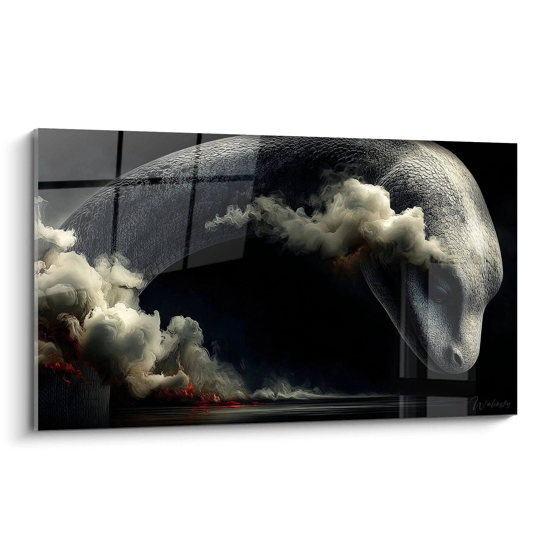 Tableau mural serpent de mer géant émergeant des brumes, léviathan aux écailles métalliques, art fantastique