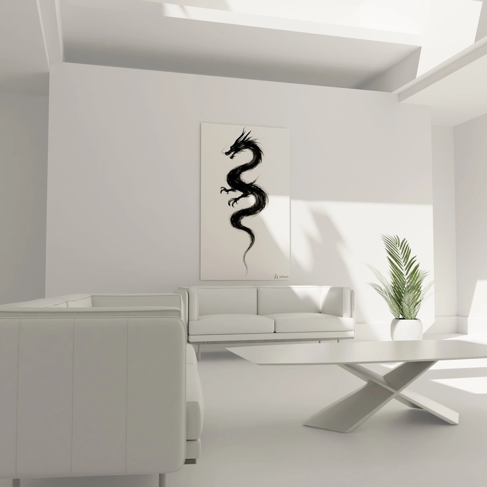 Un tableau dragon à l'encre de Chine présentant un dragon ondulant verticalement avec une tête détaillée et des griffes visibles, illustrant la technique traditionnelle du trait spontané où les nuances de noir et de gris créent profondeur et mouvement.