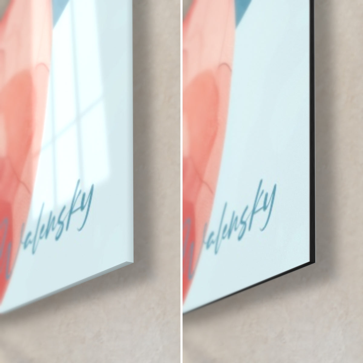 Wall art coral pink snake, blue Walensky signature bottom right, glossy glass on the left, matte black Dibond on the right