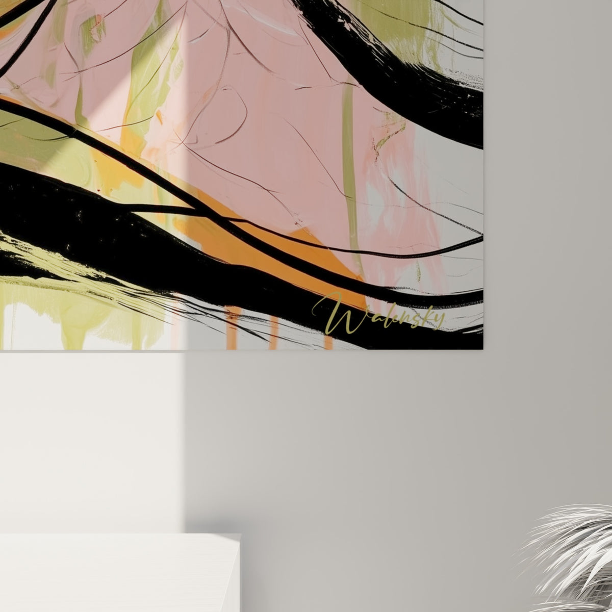 Empâtements noirs et coulures orange sur toile, détail rapproché de l'œil argenté du serpent