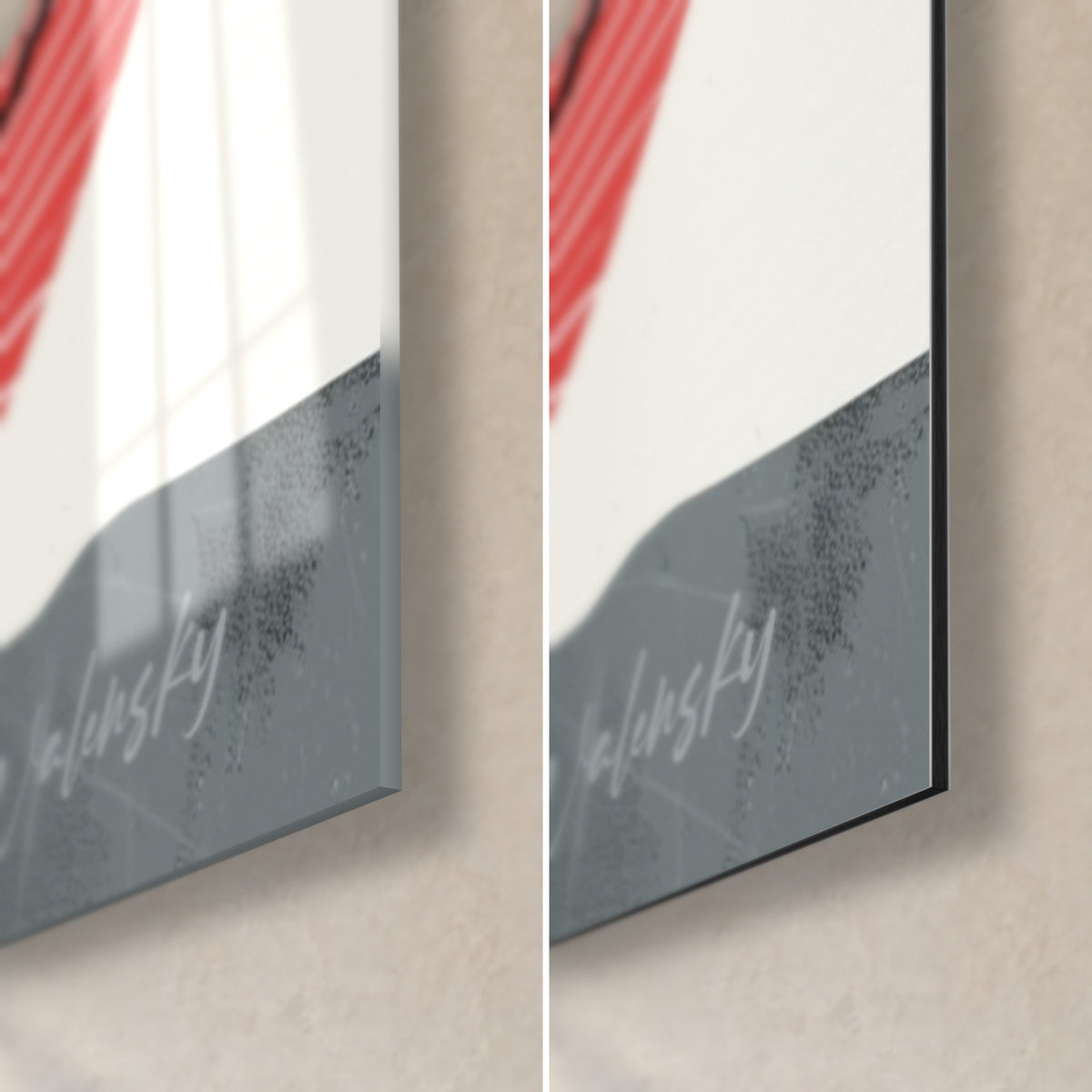 Wall art of a snake with black and pale yellow scales, grey bottom right corner, white signature, glossy glass and matte Dibond