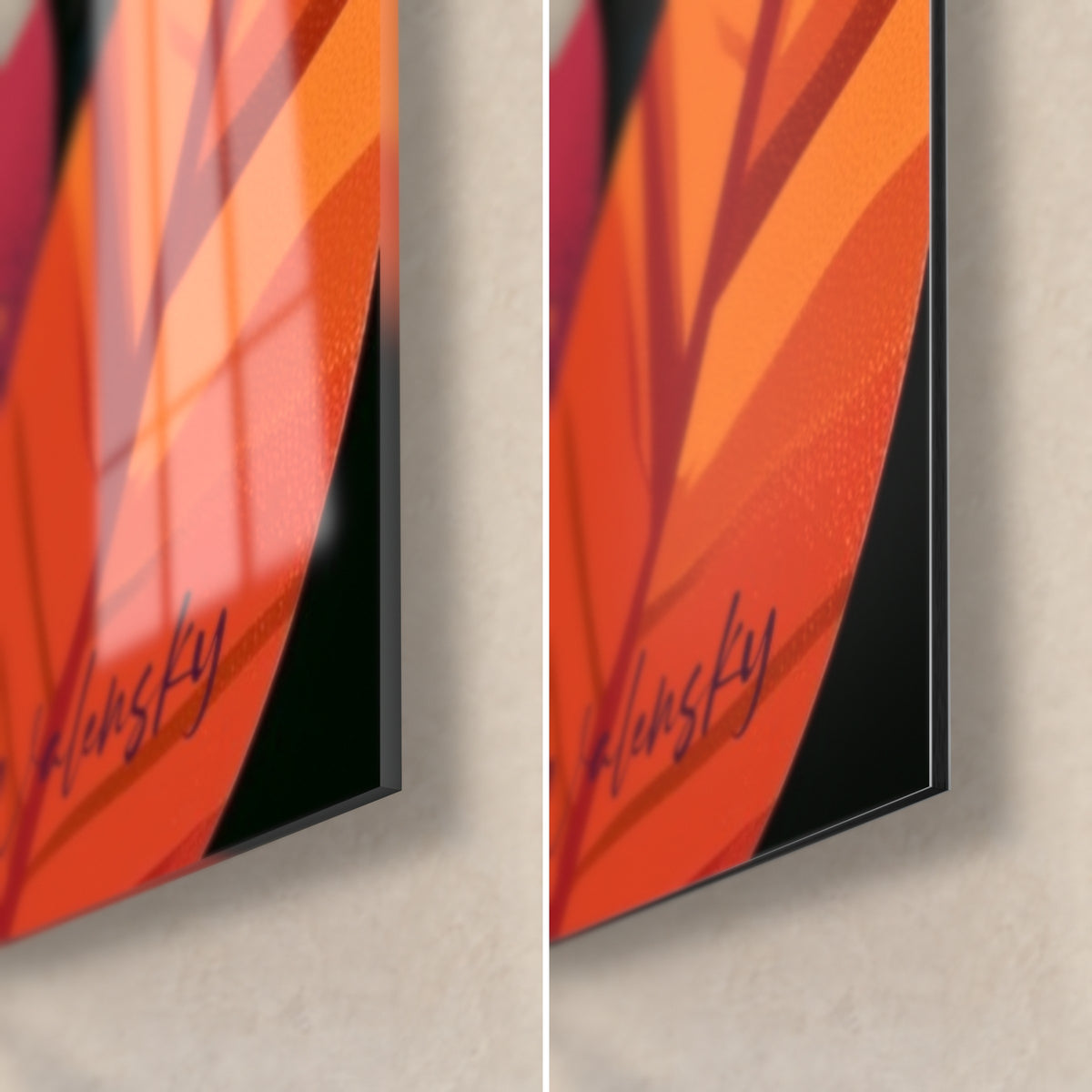 Schilderij paarse adder, rechtsonder in de hoek: glanzend oranje blad in acrylglas links, mat zwart Dibond rechts, fijne rand