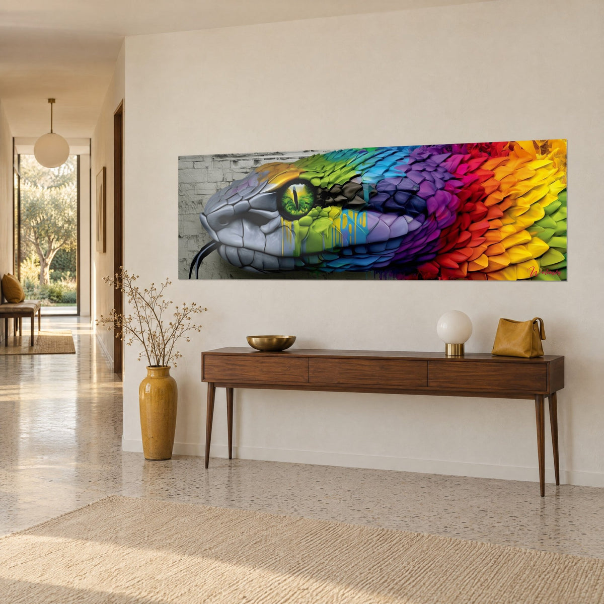 Schilderij cobra streetart, paarse en gele schubben, geschilderde witgekalkte bakstenen muur, driekwart zicht op een houten console