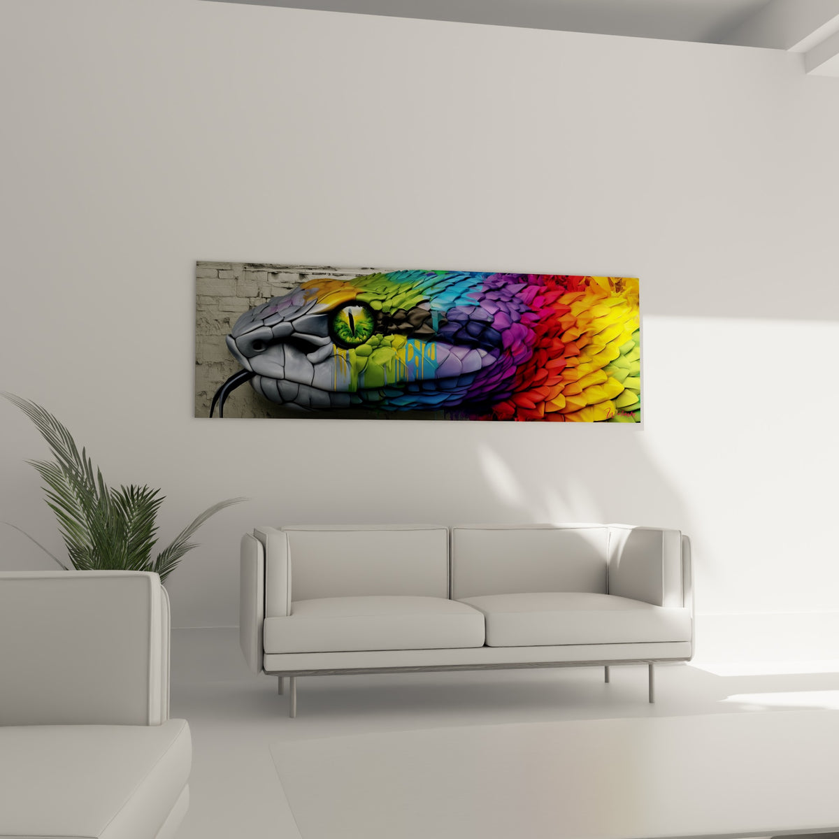 Tête grise et corps multicolore du serpent, langue noire fourchée, au-dessus d'un canapé dans un salon lumineux