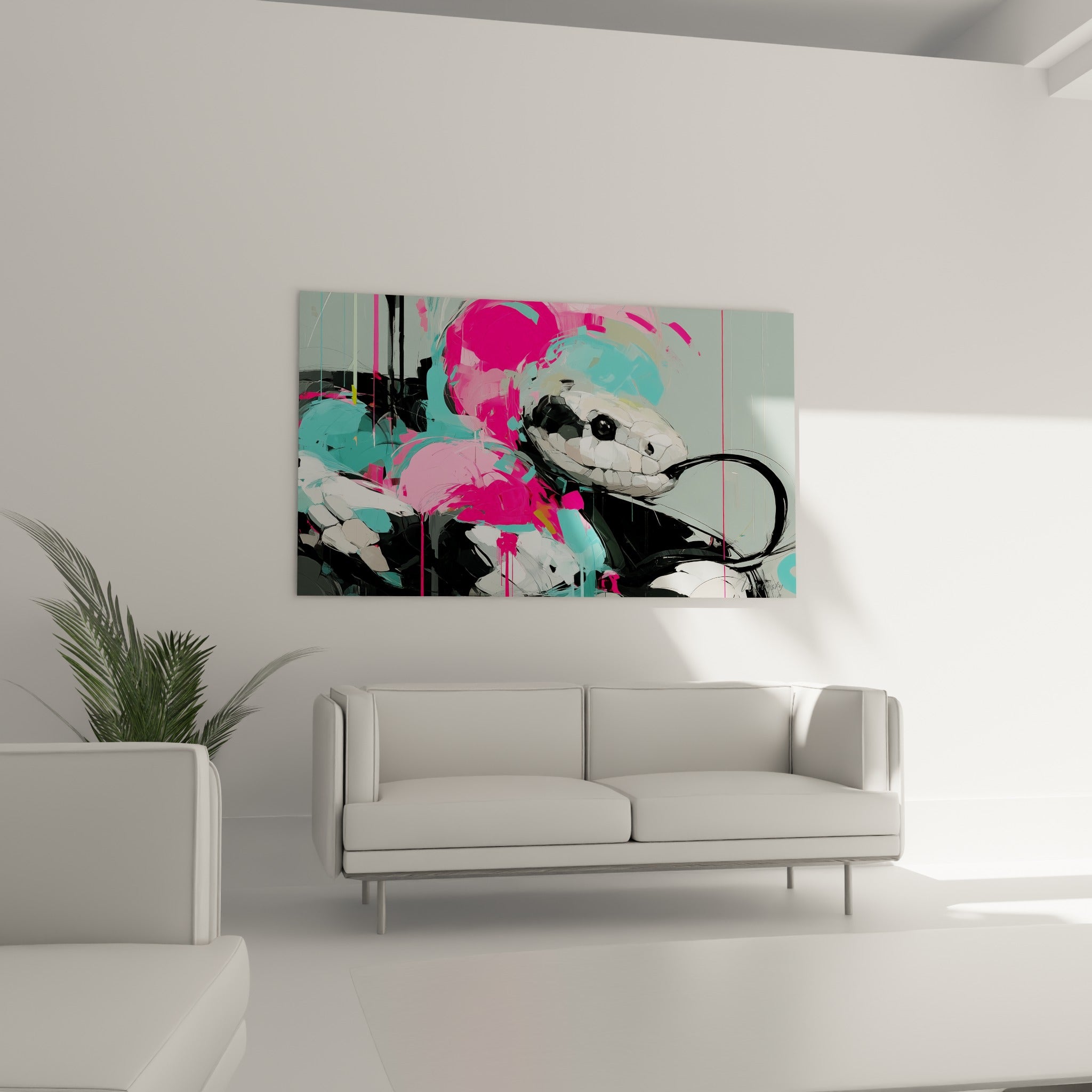 Tête de serpent blanche aux yeux noirs, corps rose et turquoise, au-dessus d'un canapé dans un salon lumineux