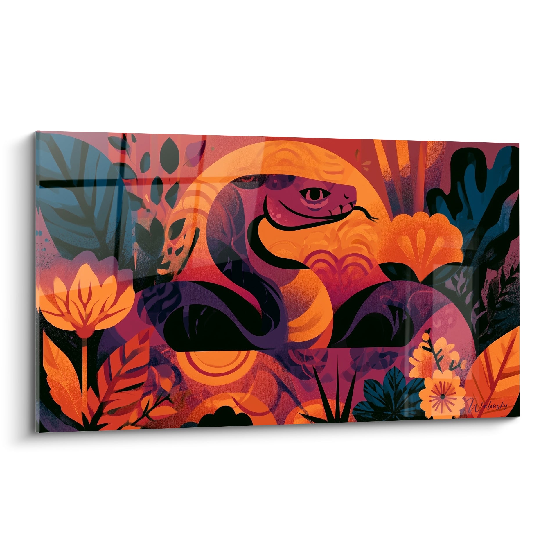 Serpent orange et violet enroulé parmi des fleurs stylisées dans un décor tropical dense