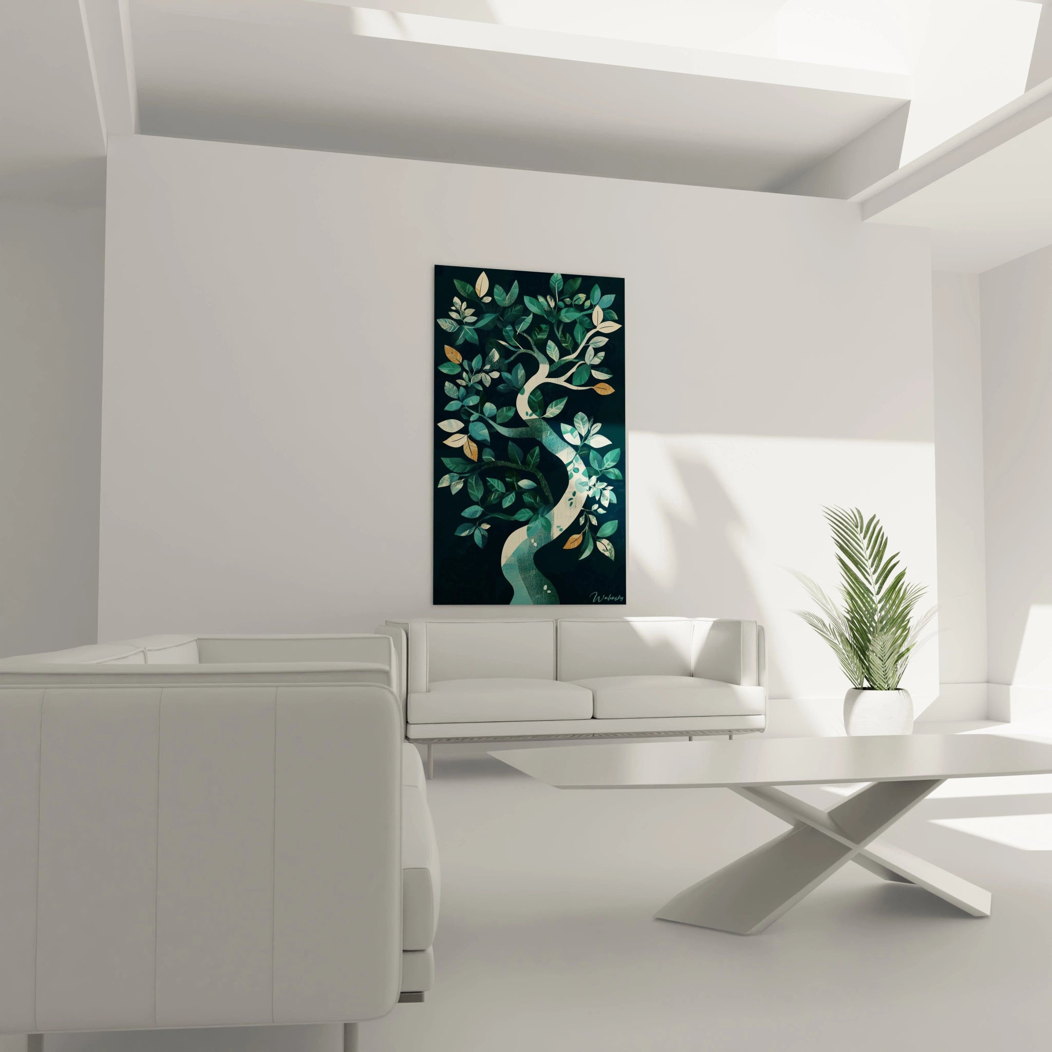 Tableau zen mural de Walensky représentant un arbre stylisé avec feuilles vertes dans un salon moderne