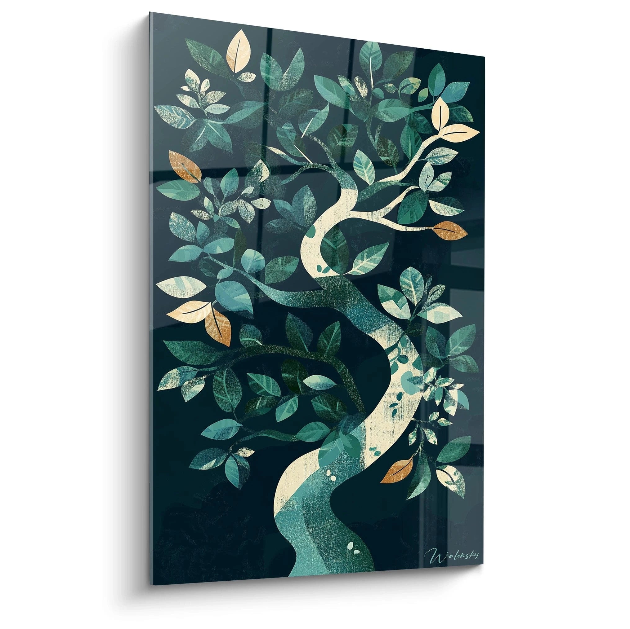 Tableau zen mural Walensky avec arbre stylisé et feuilles vertes pour décoration apaisante